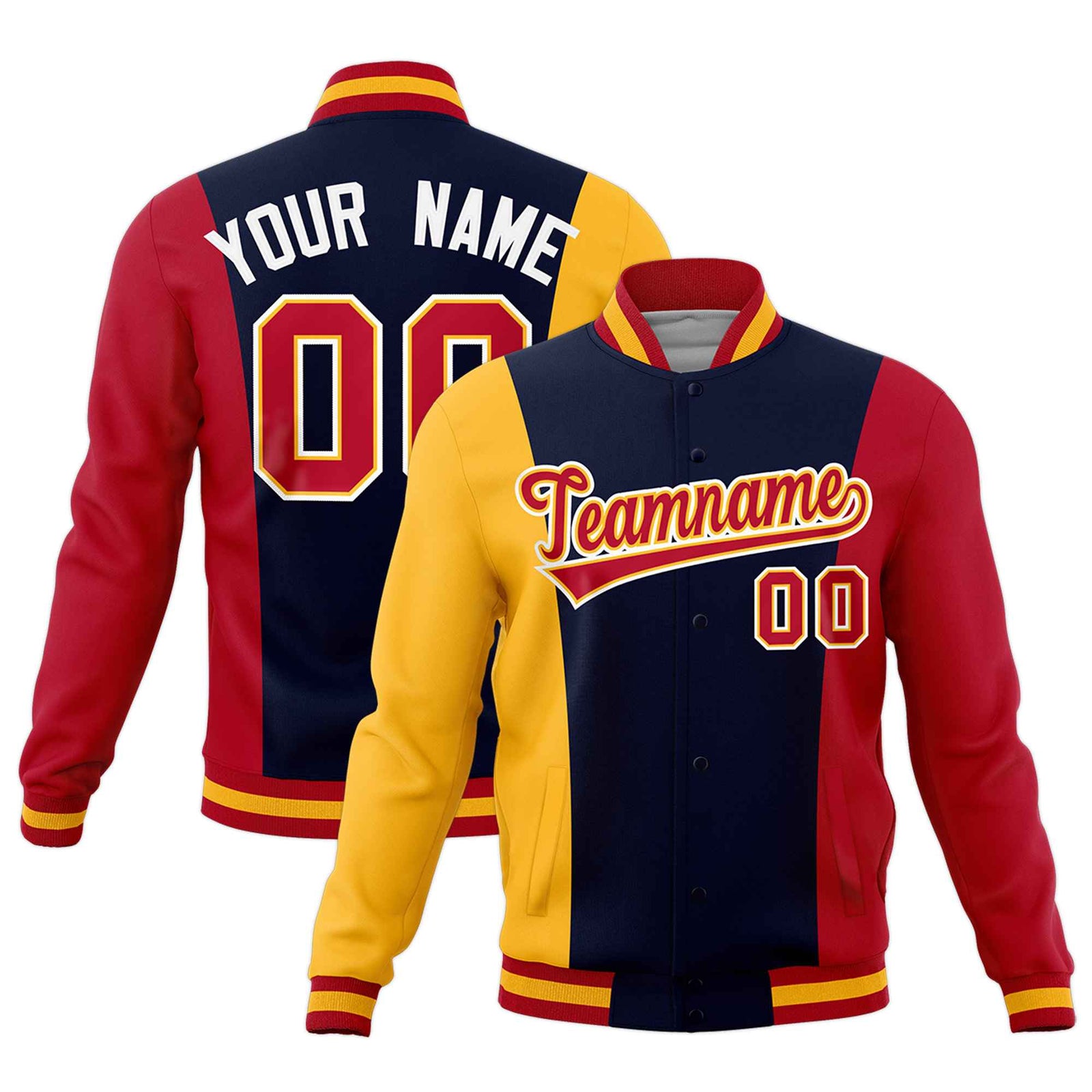 Custom Navy Yellow Red Personalization Varsity Full-Snap Three Color Blocks Letterman Jacket| KXKSHOP