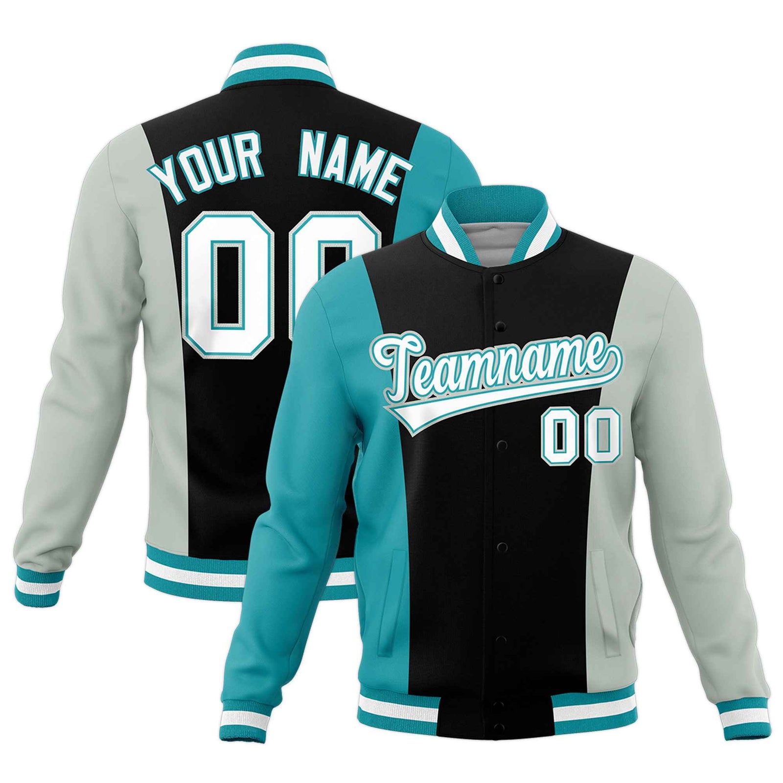 Custom Black Gray Aqua Personalization Varsity Full-Snap Three Color Blocks Letterman Jacket| KXKSHOP