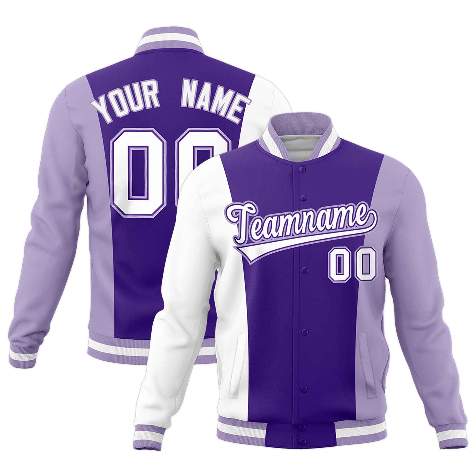 Custom Purple White Light Purple Personalization Varsity Full-Snap Three Color Blocks Letterman Jacket| KXKSHOP