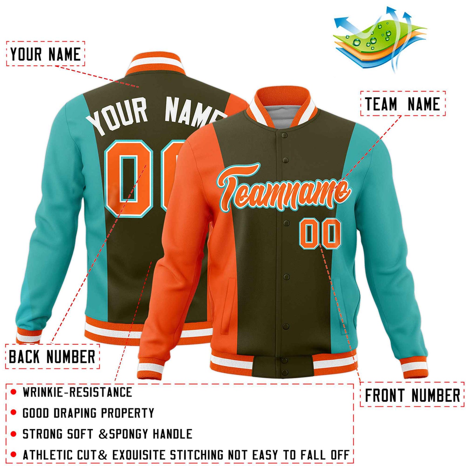 Custom Olive Orange Teal Personalization Varsity Full-Snap Three Color Blocks Letterman Jacket