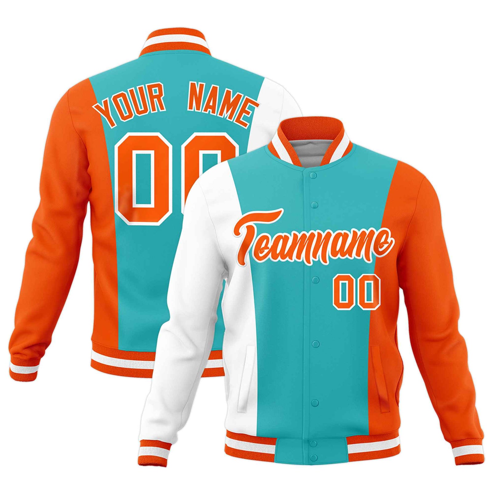 Custom Teal White Orange Personalization Varsity Full-Snap Three Color Blocks Letterman Jacket