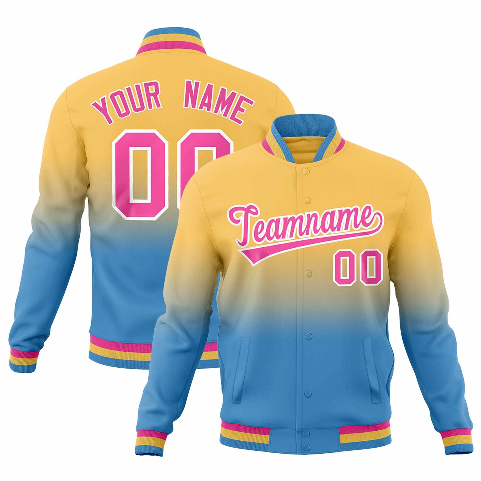 Custom Khaki Light blue Full-Snap Varsity Personalization Gradient Fashion Letterman Jacket| KXKSHOP