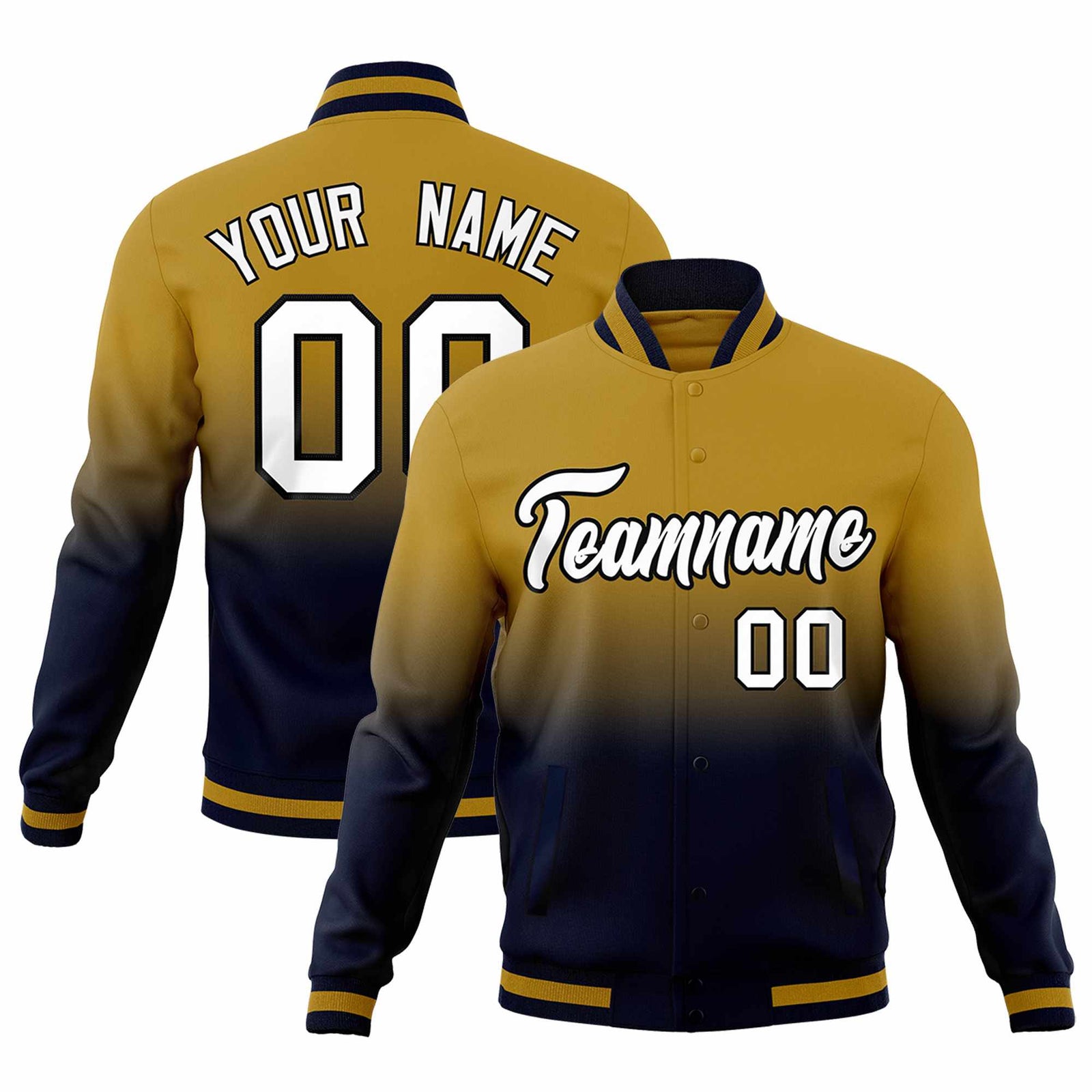 Custom Old Gold Navy Full-Snap Varsity Personalization Gradient Fashion Letterman Jacket