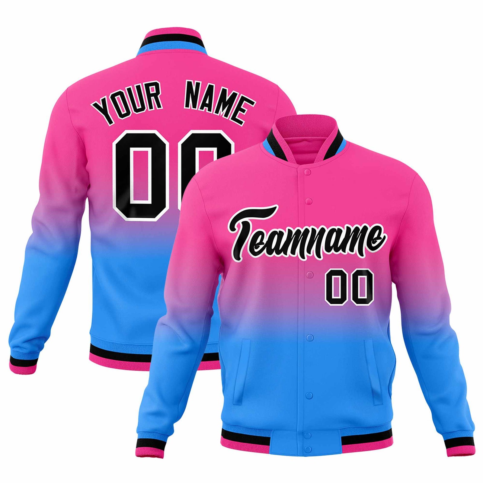 Custom Pink Powder Blue Full-Snap Varsity Personalization Gradient Fashion Letterman Jacket