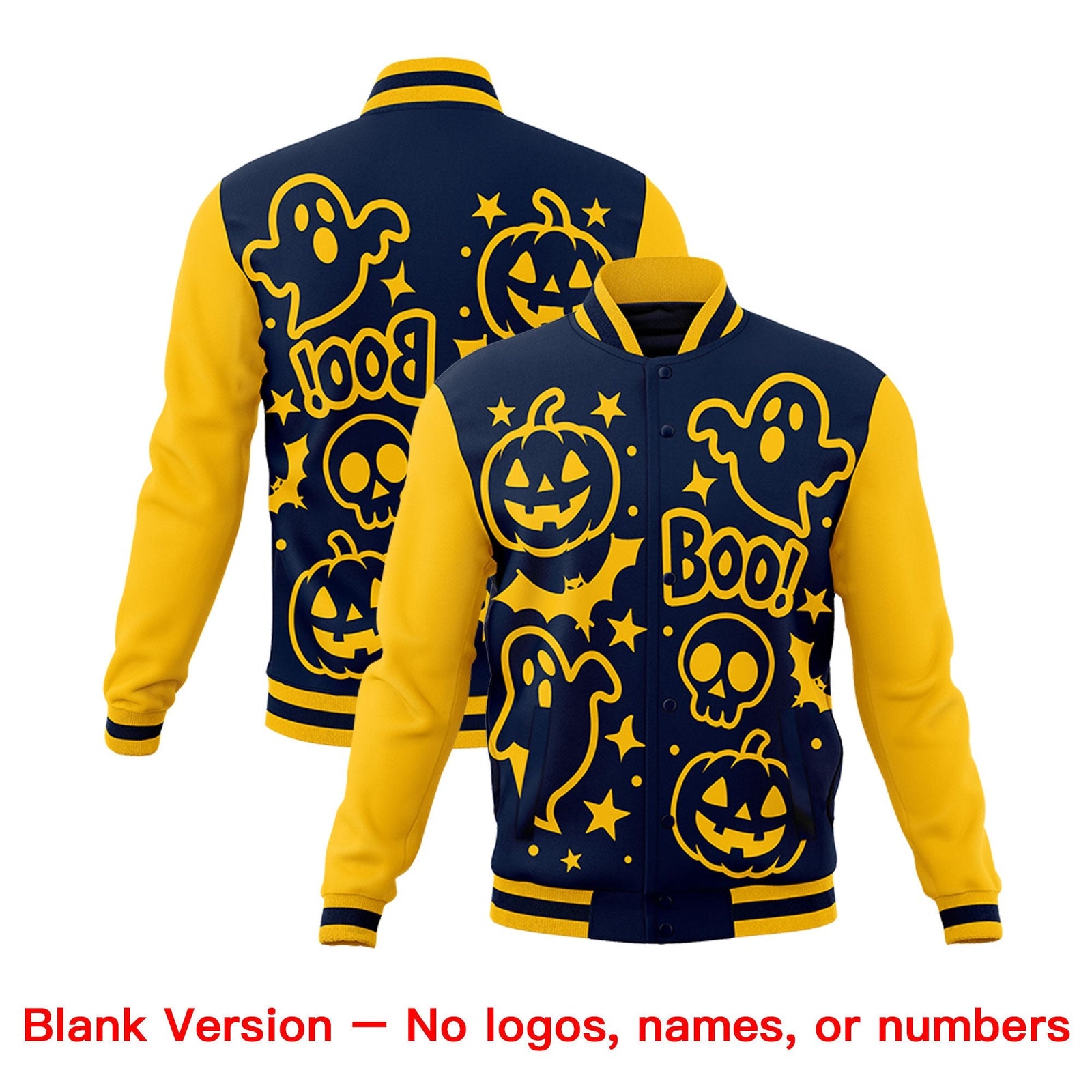 Custom Gold Navy White Bats Pumpkins Ghost Patterns Halloween Letterman Jacket | Custom Letterman Jacket,Add Name and Numbern,Sublimation Printed & Stitched,Perfect for Parties | KXKSHOP