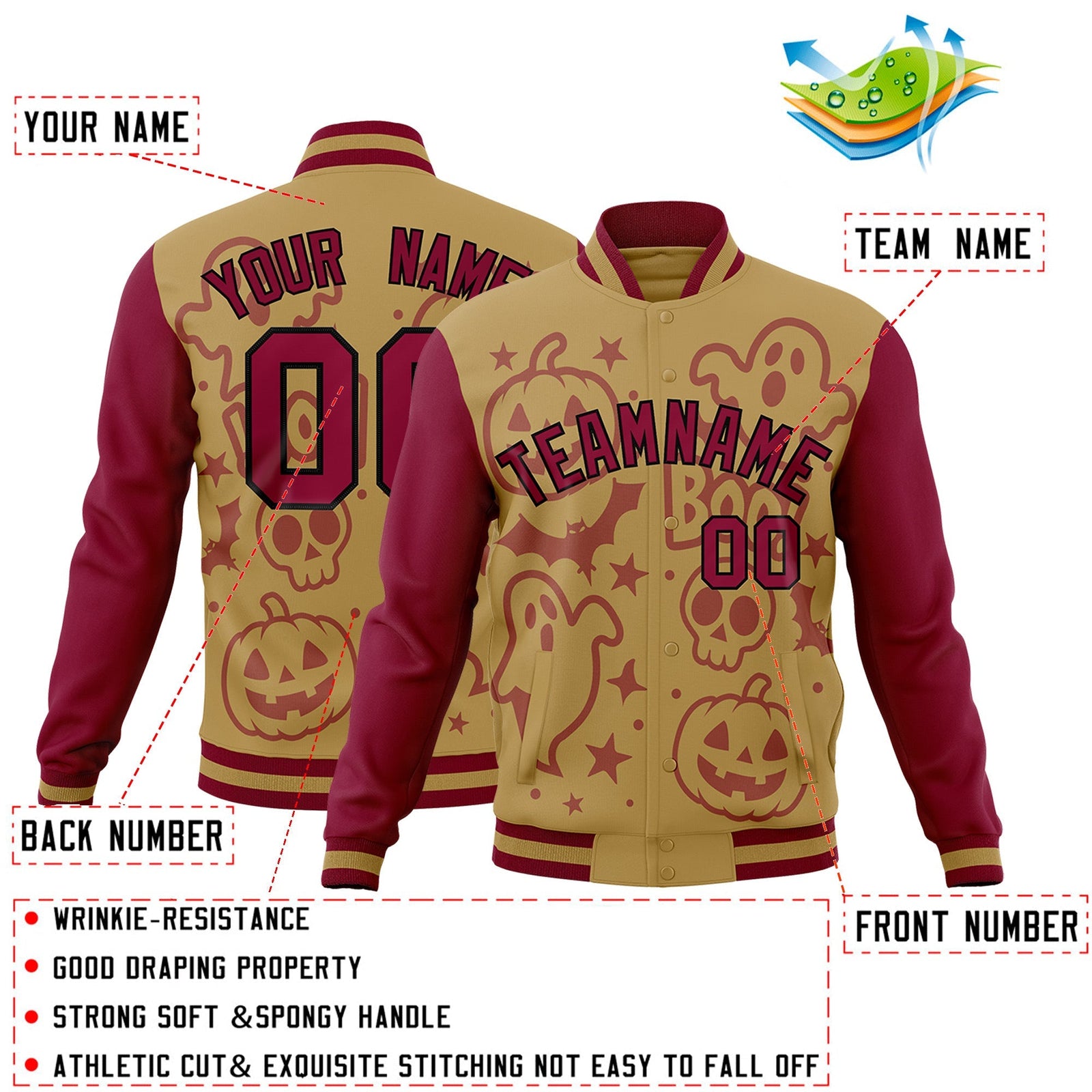 Custom Khaki Crimson Black Bats Pumpkins Ghost Patterns Halloween Letterman Jacket | Custom Letterman Jacket,Add Name and Numbern,Sublimation Printed & Stitched,Perfect for Parties | KXKSHOP