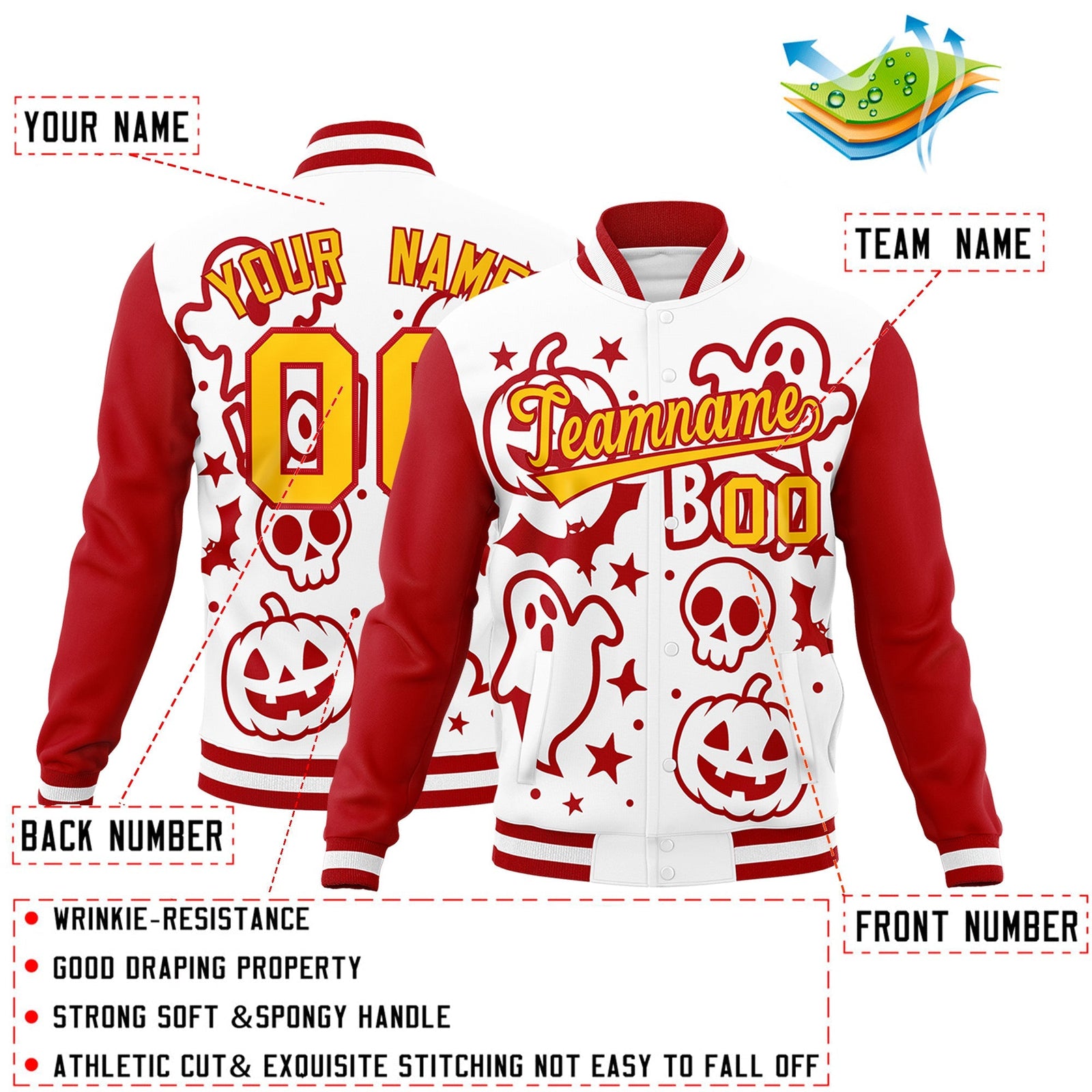 Custom White Red Gold Bats Pumpkins Ghost Patterns Halloween Letterman Jacket | Custom Letterman Jacket,Add Name and Numbern,Sublimation Printed & Stitched,Perfect for Parties | KXKSHOP
