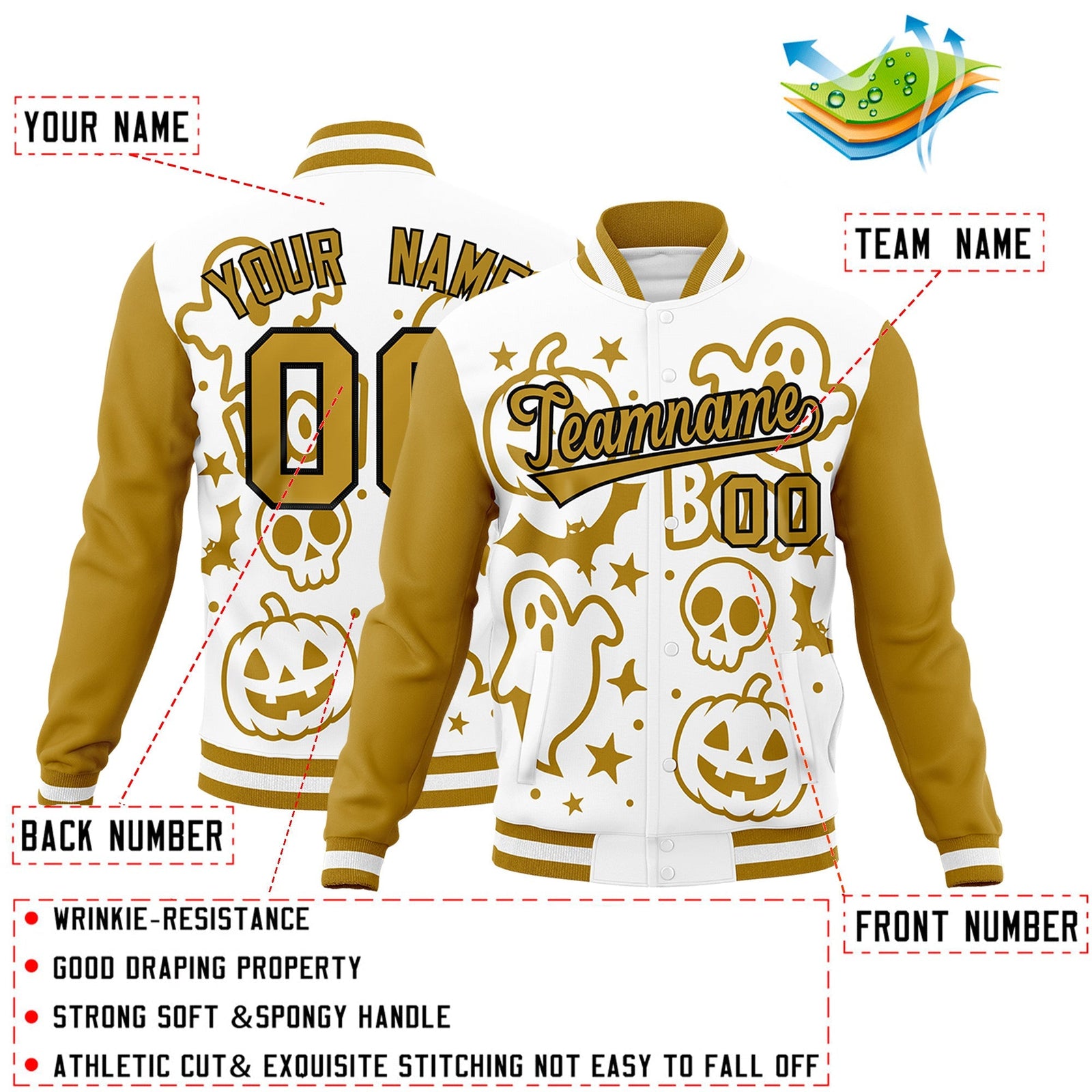 Custom White Old Gold Black Bats Pumpkins Ghost Patterns Halloween Letterman Jacket | Custom Letterman Jacket,Add Name and Numbern,Sublimation Printed & Stitched,Perfect for Parties | KXKSHOP