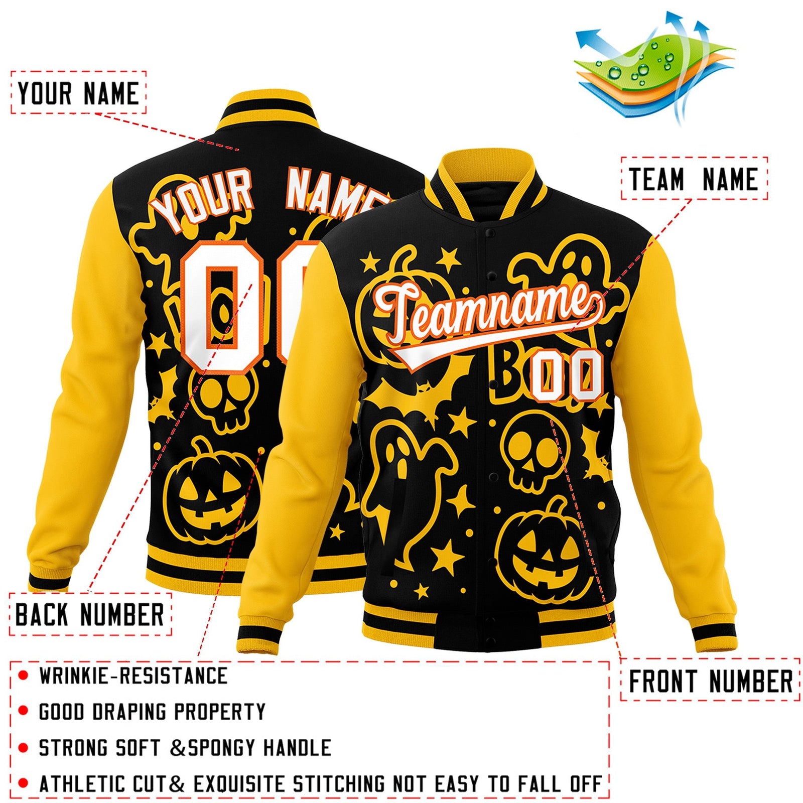 Custom Gold Black White Bats Pumpkins Ghost Patterns Halloween Letterman Jacket | Custom Letterman Jacket,Add Name and Numbern,Sublimation Printed & Stitched,Perfect for Parties | KXKSHOP