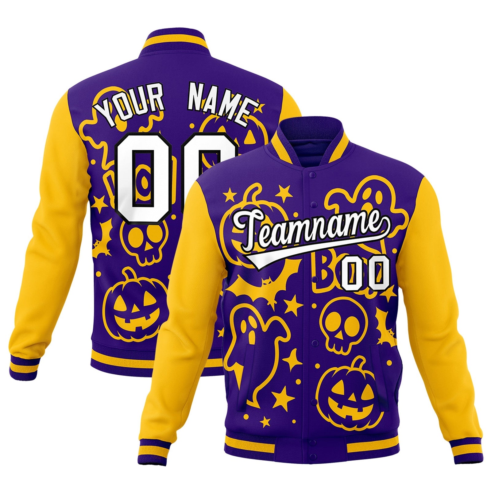 Custom Purple Gold White Bats Pumpkins Ghost Patterns Halloween Letterman Jacket | Custom Letterman Jacket,Add Name and Numbern,Sublimation Printed & Stitched,Perfect for Parties | KXKSHOP