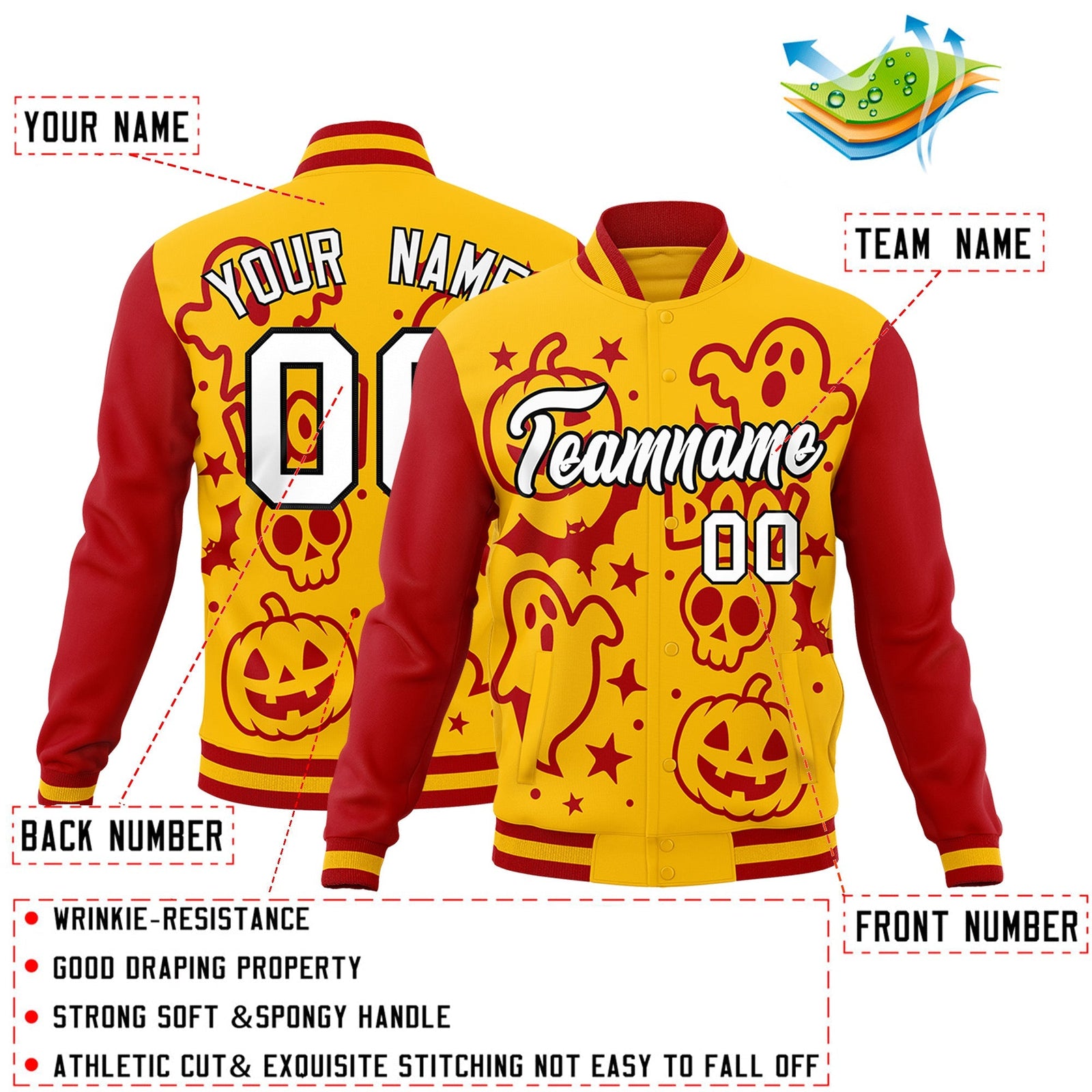 Custom Gold Red White Bats Pumpkins Ghost Patterns Halloween Letterman Jacket | Custom Letterman Jacket,Add Name and Numbern,Sublimation Printed & Stitched,Perfect for Parties | KXKSHOP