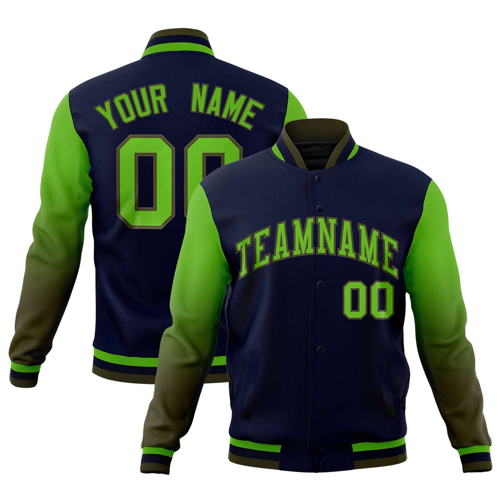 Custom Navy Green Olive Full-Snap Varsity Raglan Sleeves Gradient Letterman Jacket