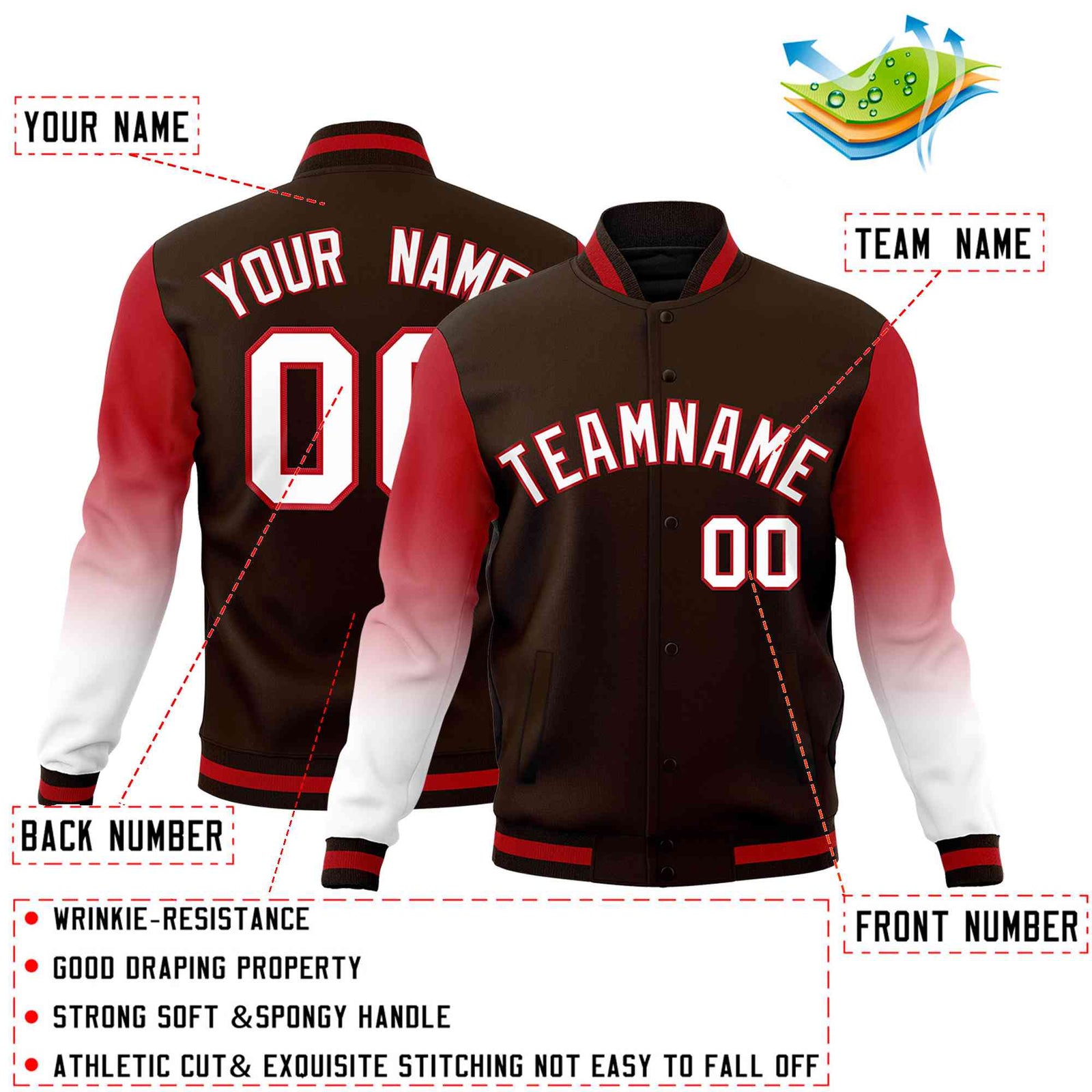 Custom Brown White Red Full-Snap Varsity Raglan Sleeves Gradient Letterman Jacket
