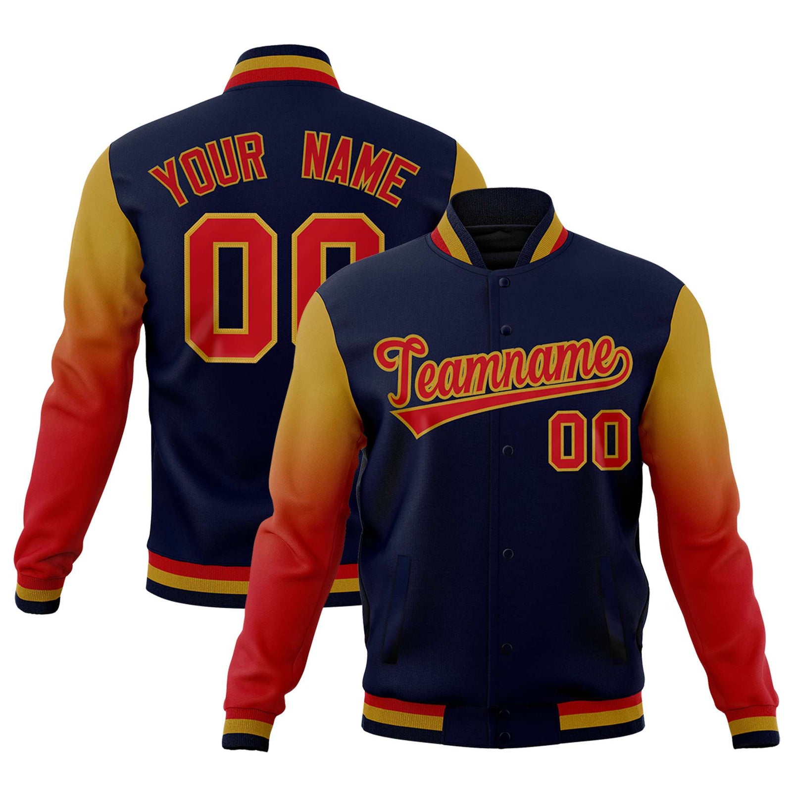 Custom Navy Red Old Gold Full-Snap Varsity Raglan Sleeves Gradient Letterman Jacket| KXKSHOP