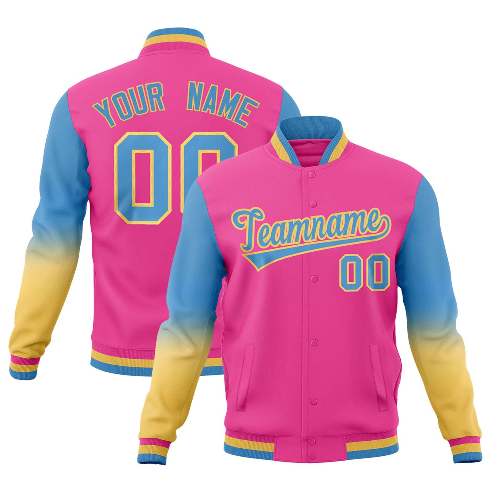 Custom Pink Light blue Khaki Full-Snap Varsity Raglan Sleeves Gradient Letterman Jacket| KXKSHOP