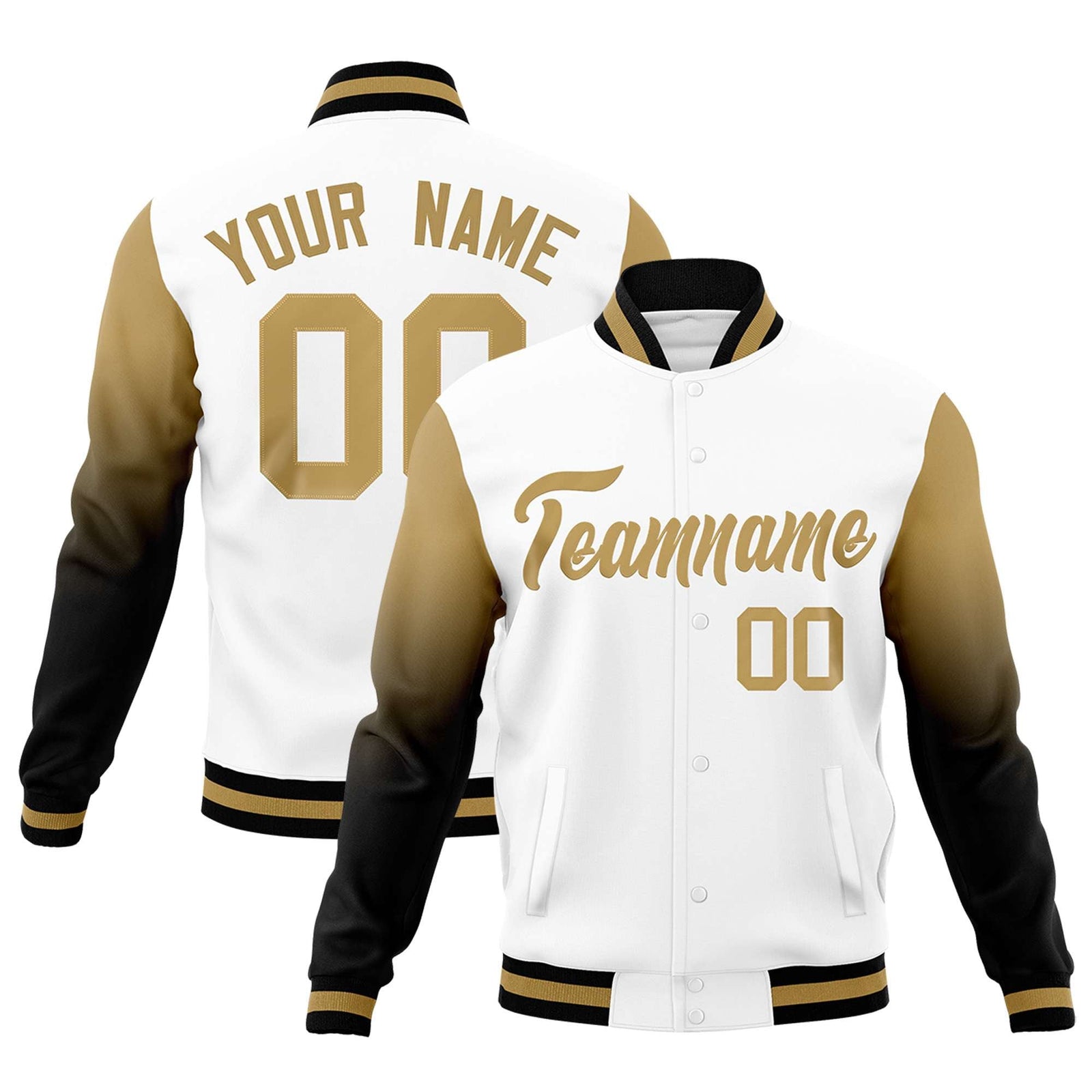 Custom White Black Old Gold Full-Snap Varsity Raglan Sleeves Gradient Letterman Jacket