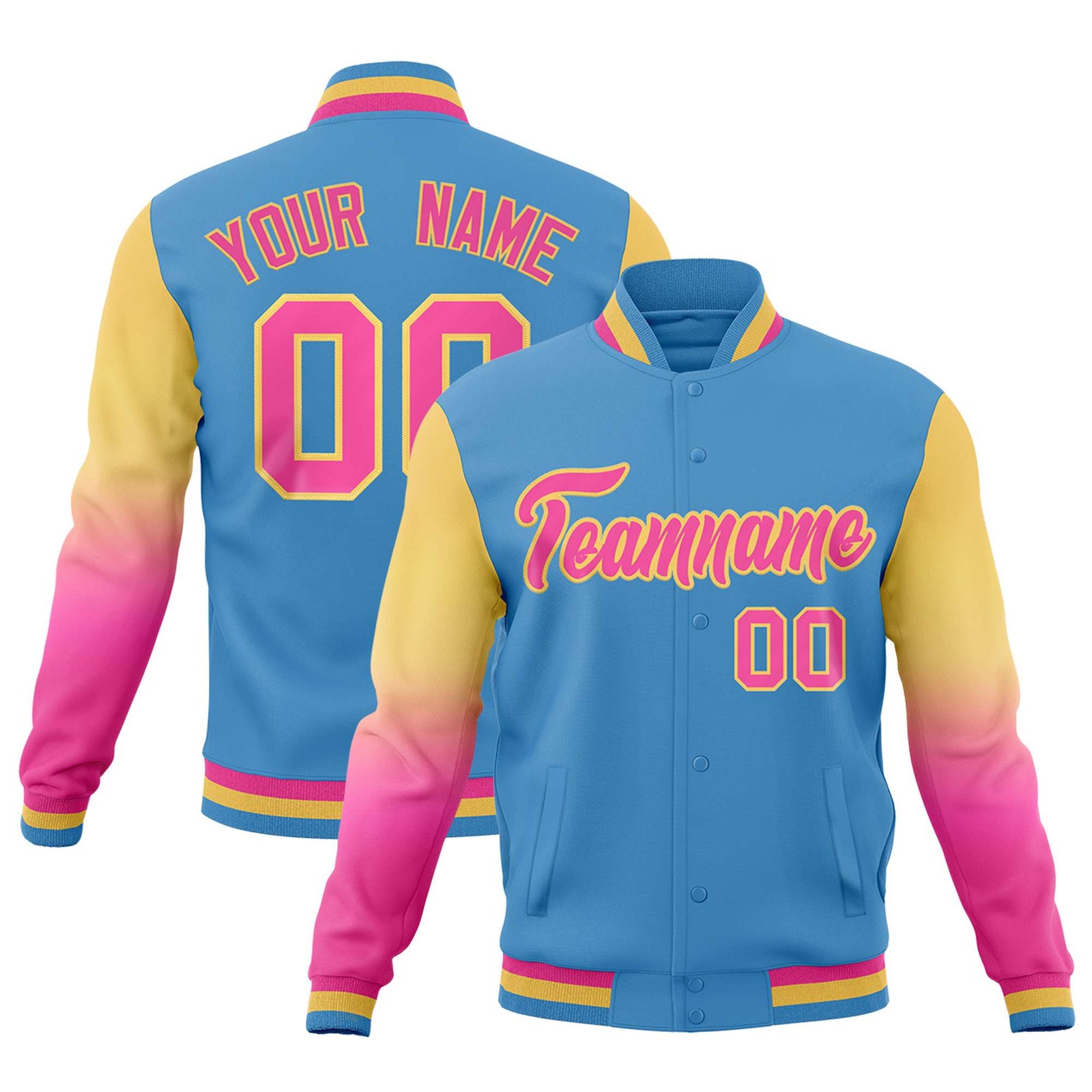 Custom Light blue Pink Cream Full-Snap Varsity Raglan Sleeves Gradient Letterman Jacket