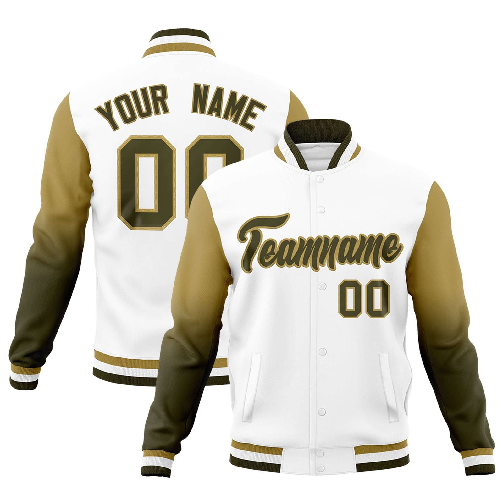 Custom White Olive Desert Yellow Full-Snap Varsity Raglan Sleeves Gradient Letterman Jacket