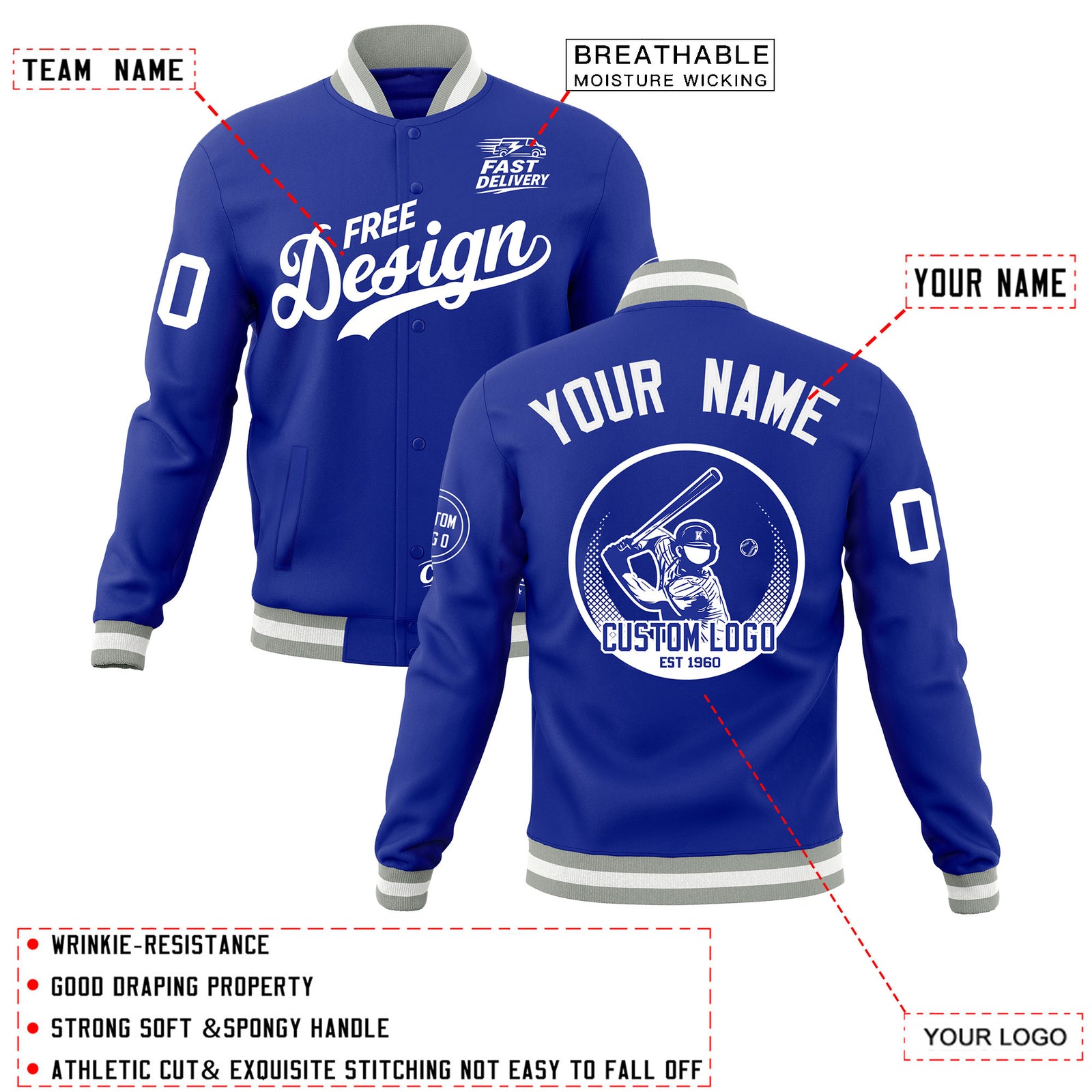Custom Royal Blue Gray White Classic Style Full-Snap Breathable Jacket| KXKSHOP