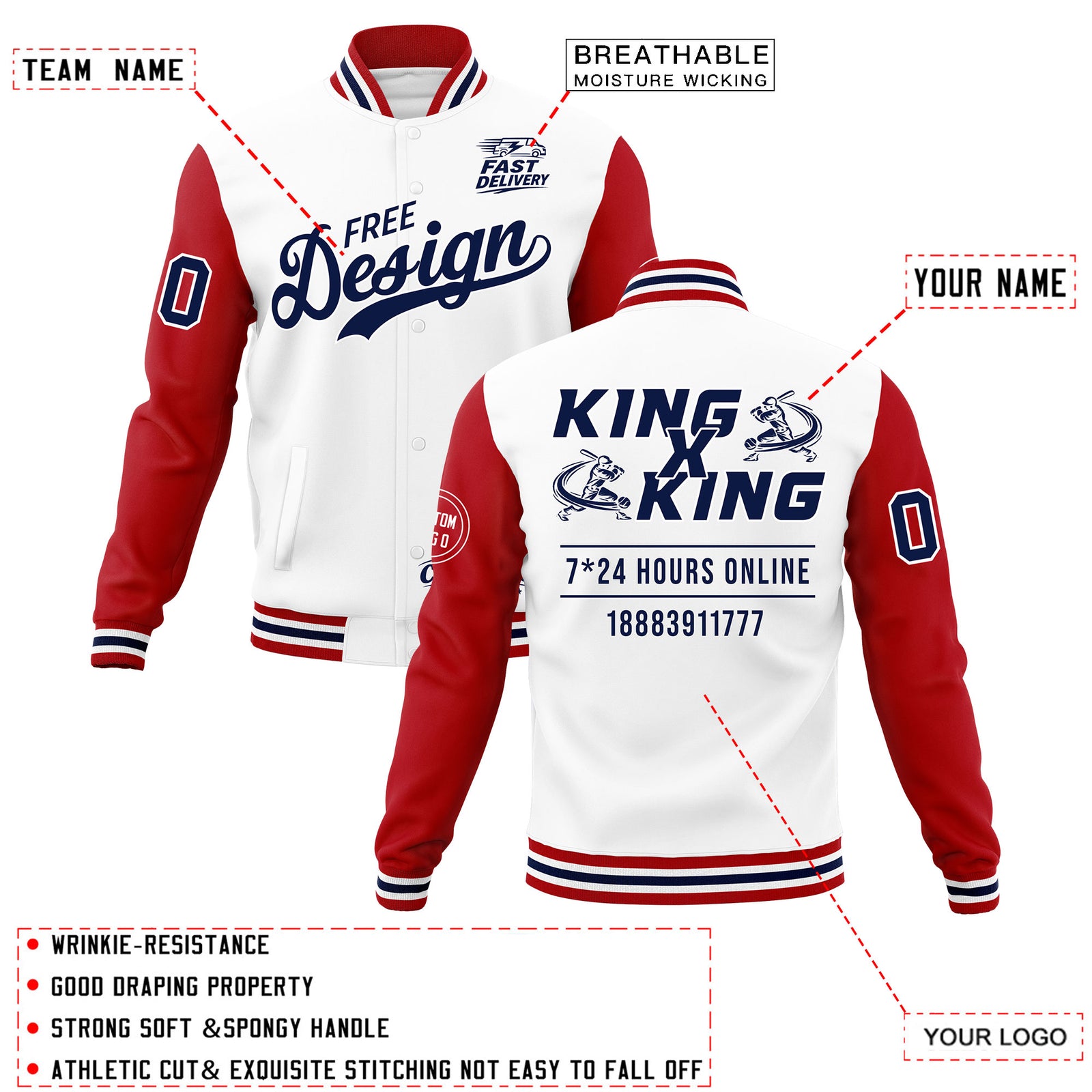 Custom White Red Navy Classic Style Full-Snap Wrinkle-Resistant Jacket| KXKSHOP