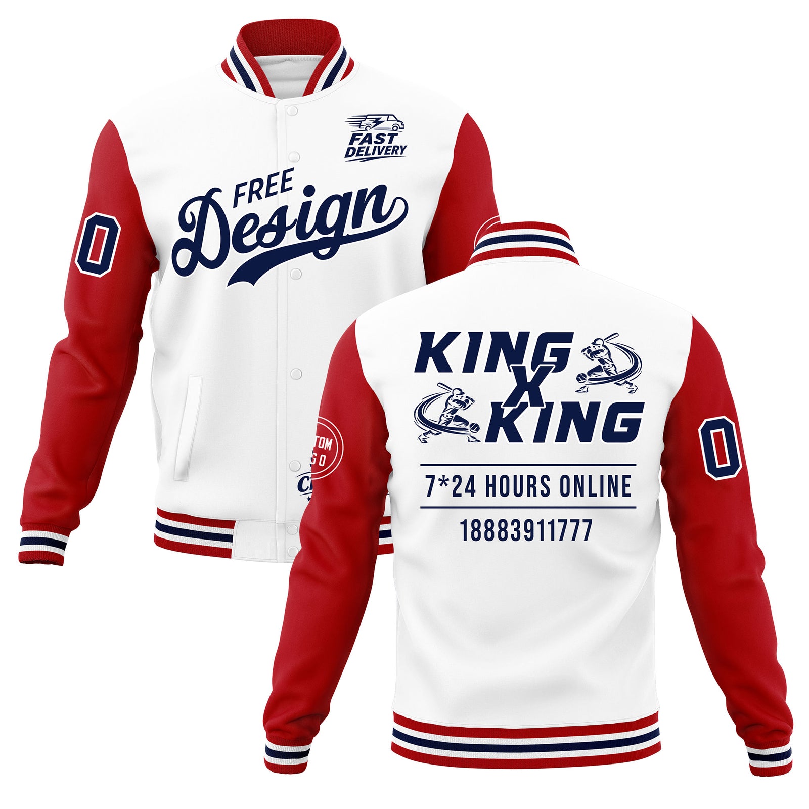 Custom White Red Navy Classic Style Full-Snap Wrinkle-Resistant Jacket| KXKSHOP