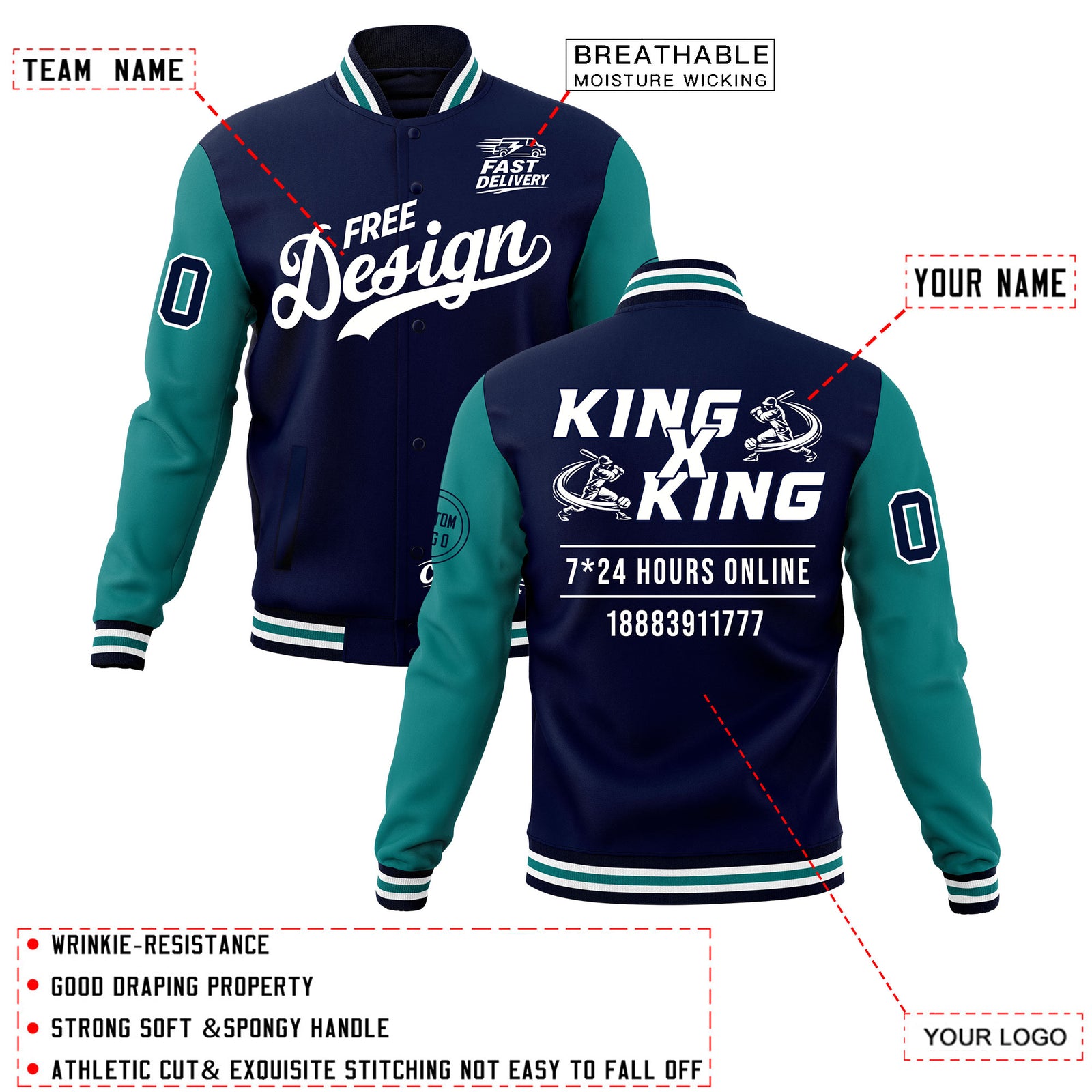 Custom Navy White Teal Classic Style Full-Snap Wrinkle-Resistant Jacket| KXKSHOP