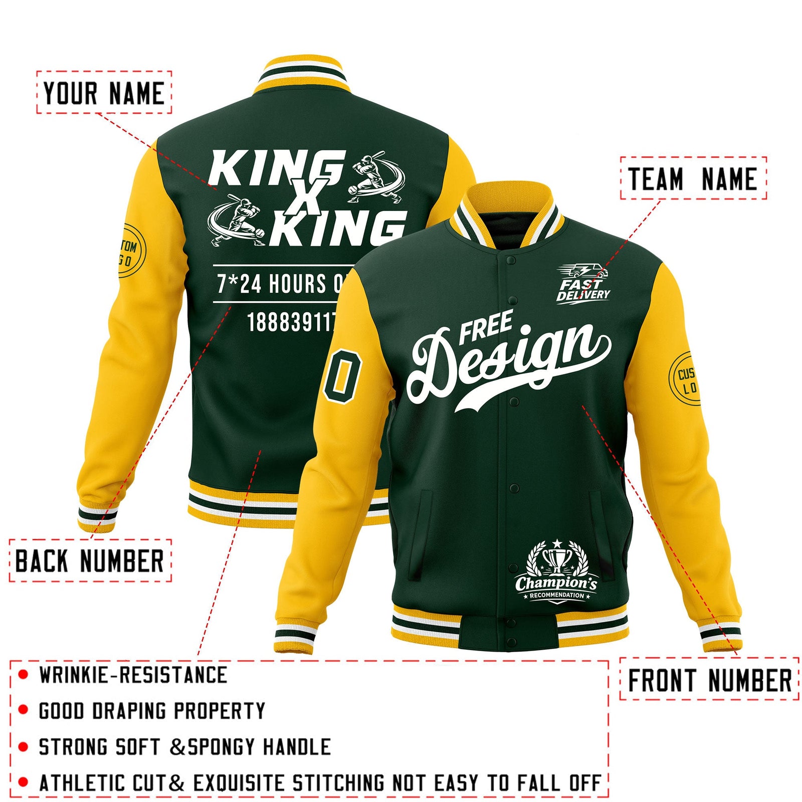 Custom Green Gold White Classic Style Full-Snap Wrinkle-Resistant Jacket| KXKSHOP