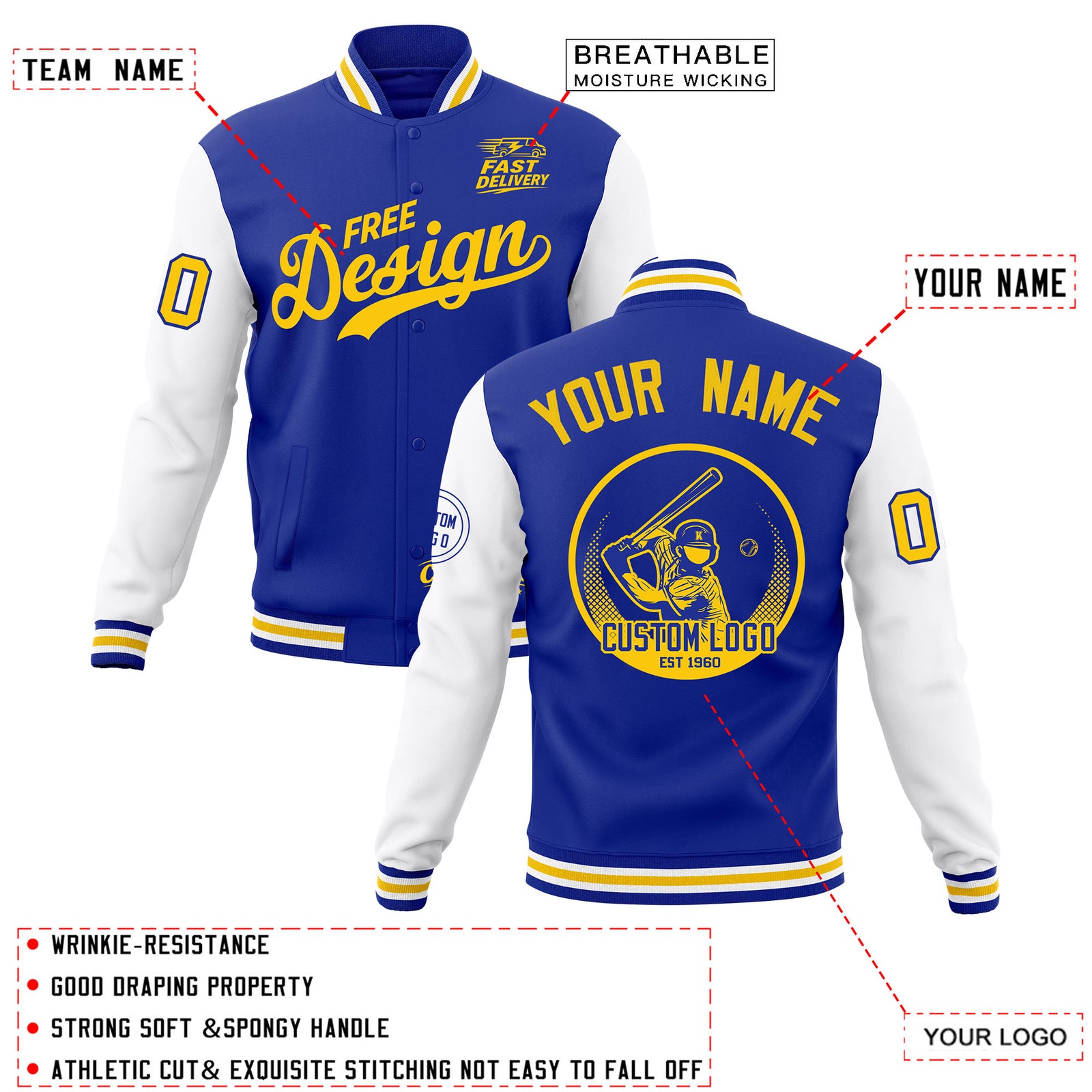 Custom Royal Blue White Gold Classic Style Full-Snap Breathable Jacket| KXKSHOP
