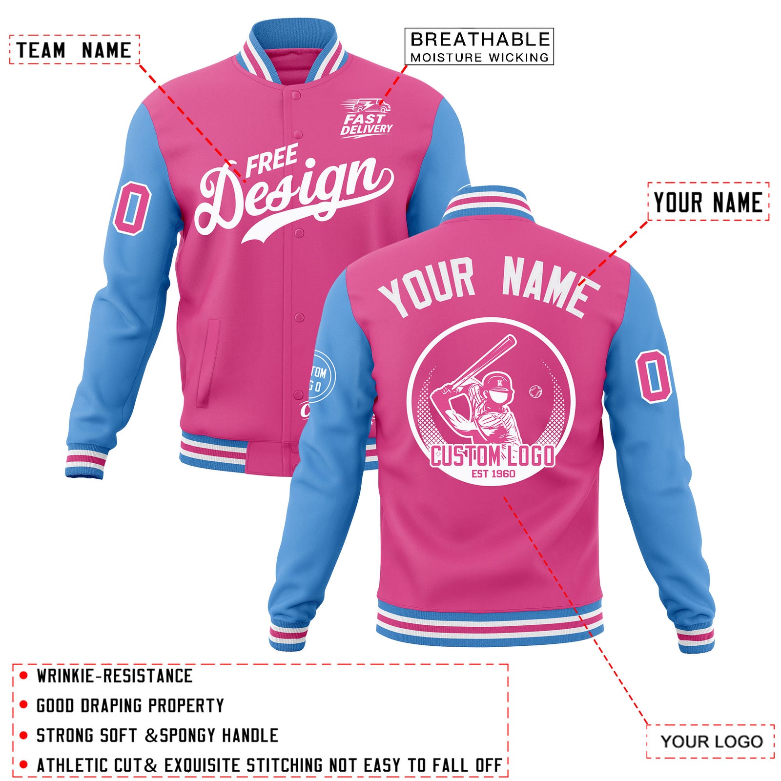 Custom Pink Light Blue White Classic Style Full-Snap Breathable Jacket| KXKSHOP