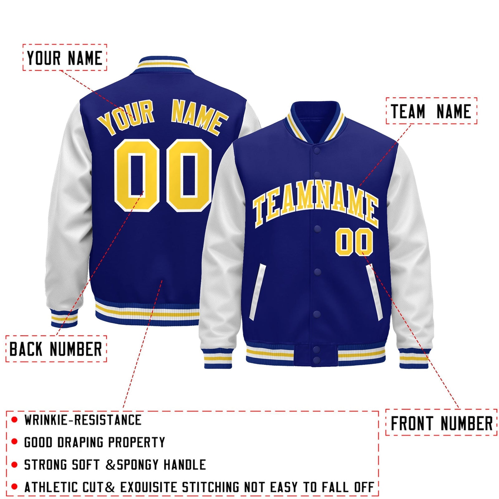 Custom Royal Blue White Gold Raglan Sleeves Varsity Full-Snap Leather Sleeves Letterman Jacket| KXKSHOP