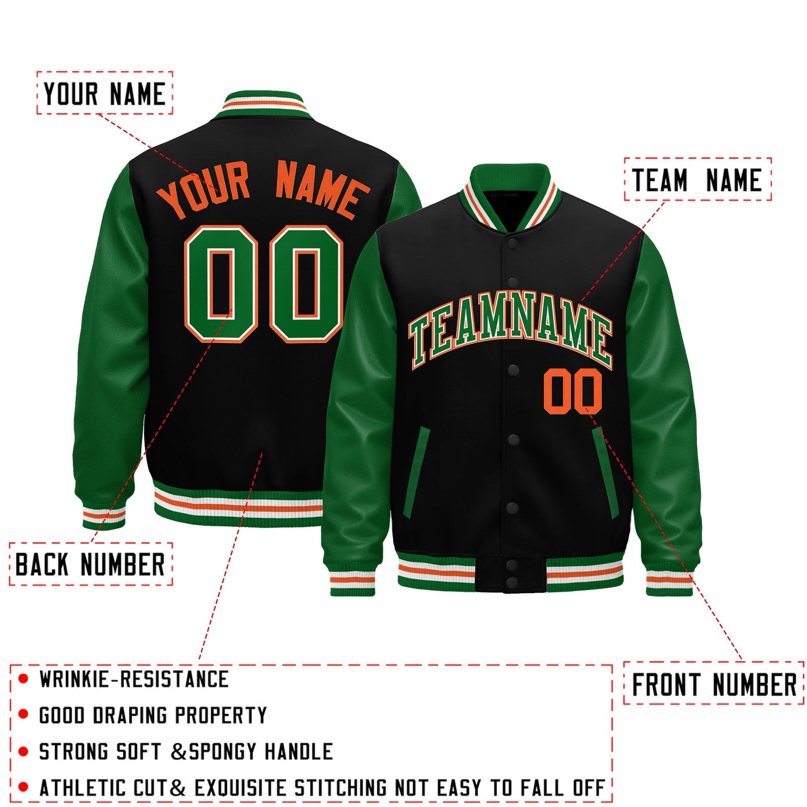 Custom Black Kelly Green White Orange Raglan Sleeves Varsity Full-Snap Leather Sleeves Letterman Jacket| KXKSHOP