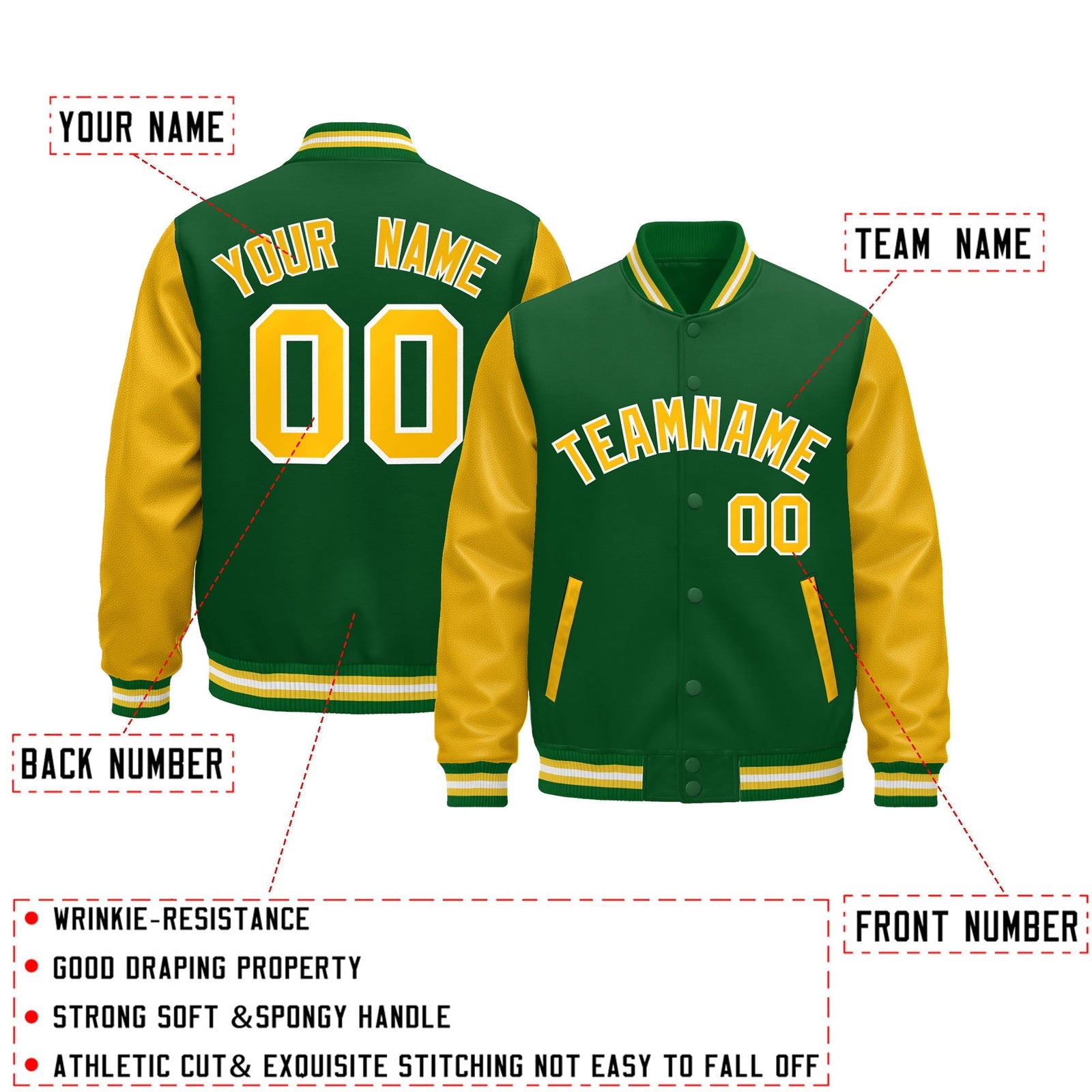 Custom Kelly Green Gold White Raglan Sleeves Varsity Full-Snap Leather Sleeves Letterman Jacket| KXKSHOP