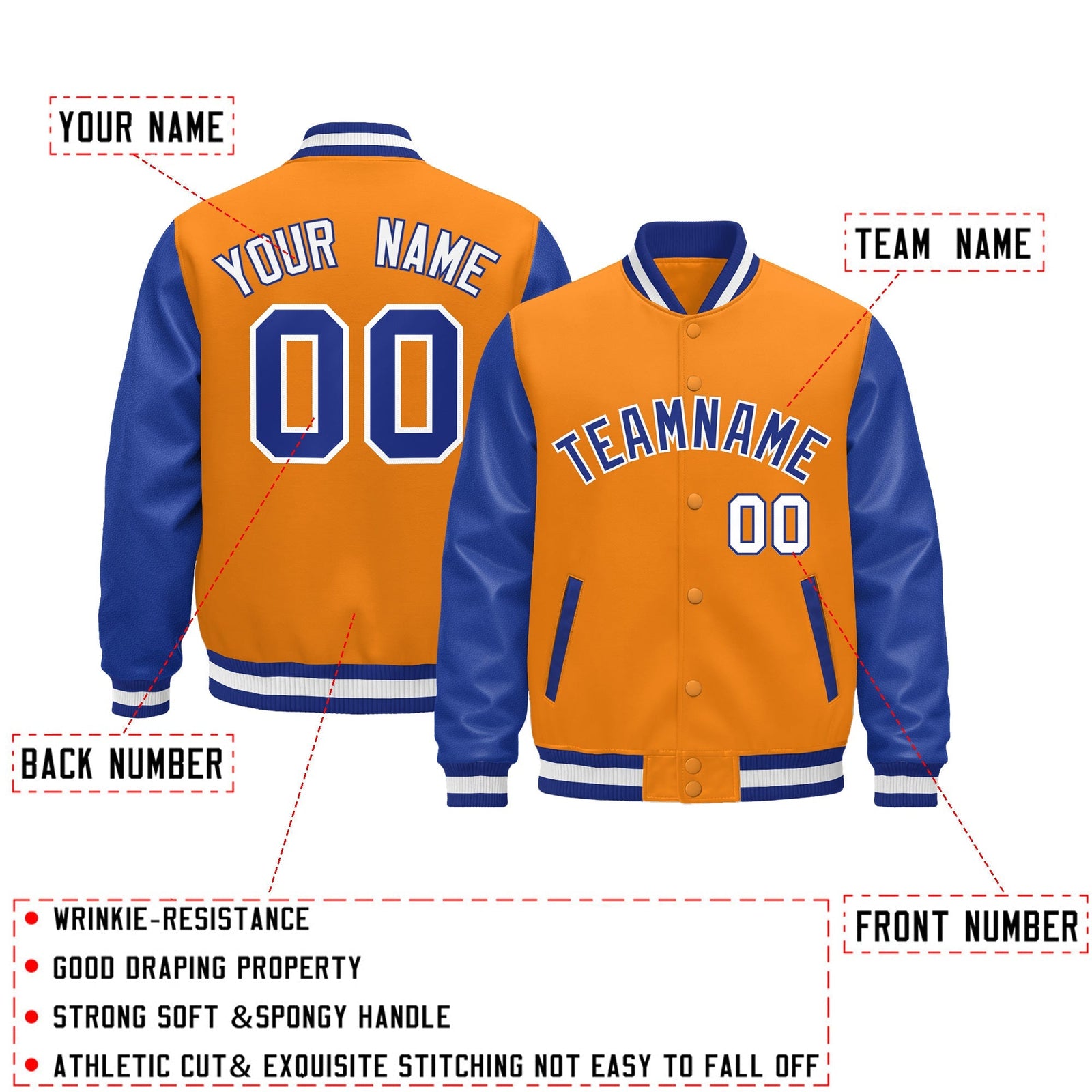 Custom Royal Blue Orange White Raglan Sleeves Varsity Full-Snap Leather Sleeves Letterman Jacket| KXKSHOP