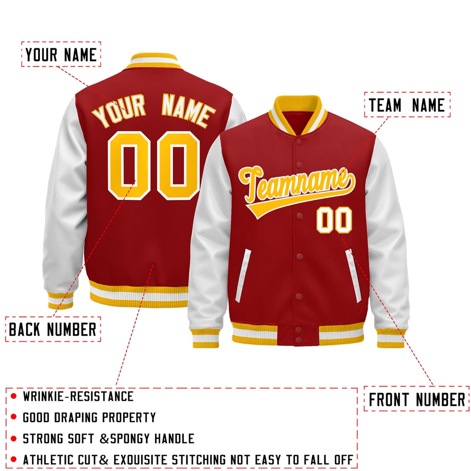 Custom Red White Gold Raglan Sleeves Varsity Full-Snap Leather Sleeves Letterman Jacket| KXKSHOP