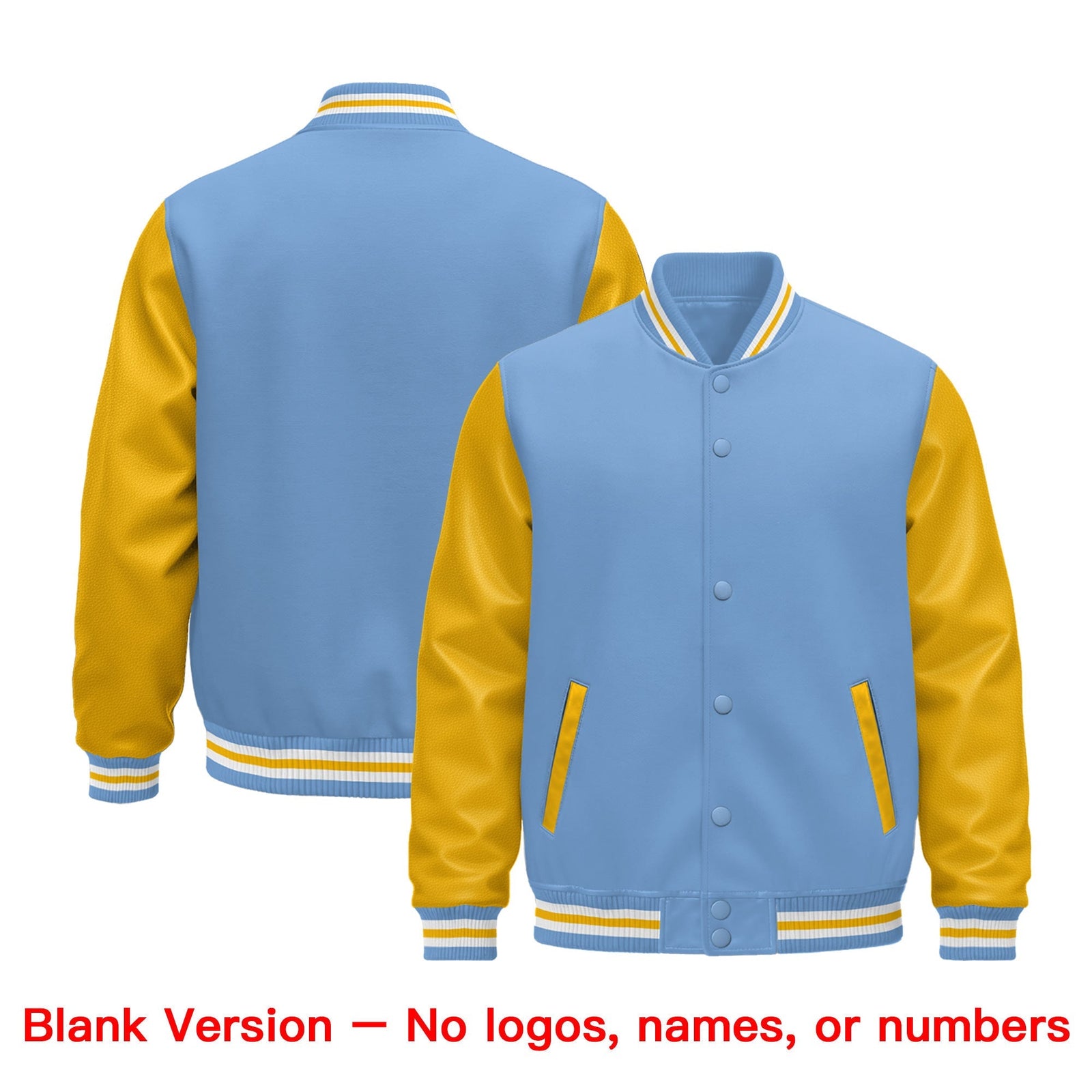 Custom Light Blue White Gold Raglan Sleeves Varsity Full-Snap Leather Sleeves Letterman Jacket| KXKSHOP