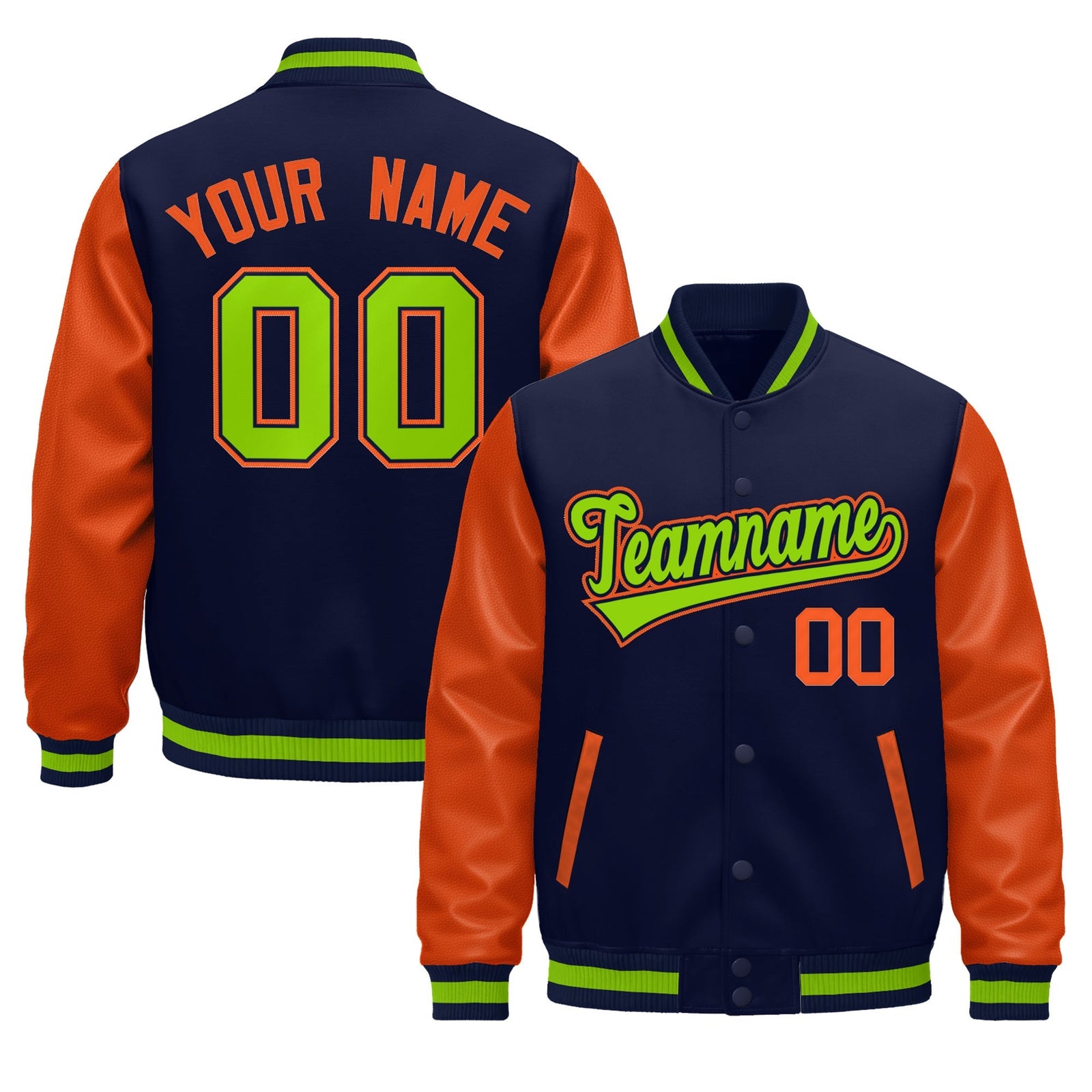 Custom Navy Orange Neon Green Raglan Sleeves Varsity Full-Snap Leather Sleeves Letterman Jacket| KXKSHOP