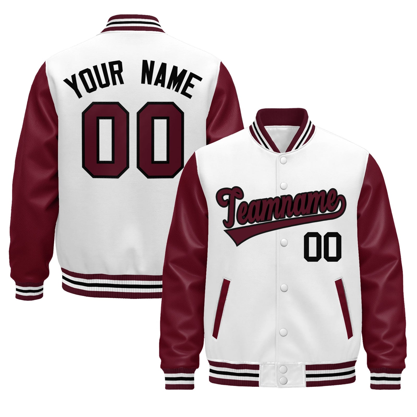 Custom Burgundy White Crimson Black Raglan Sleeves Varsity Full-Snap Leather Sleeves Letterman Jacket| KXKSHOP