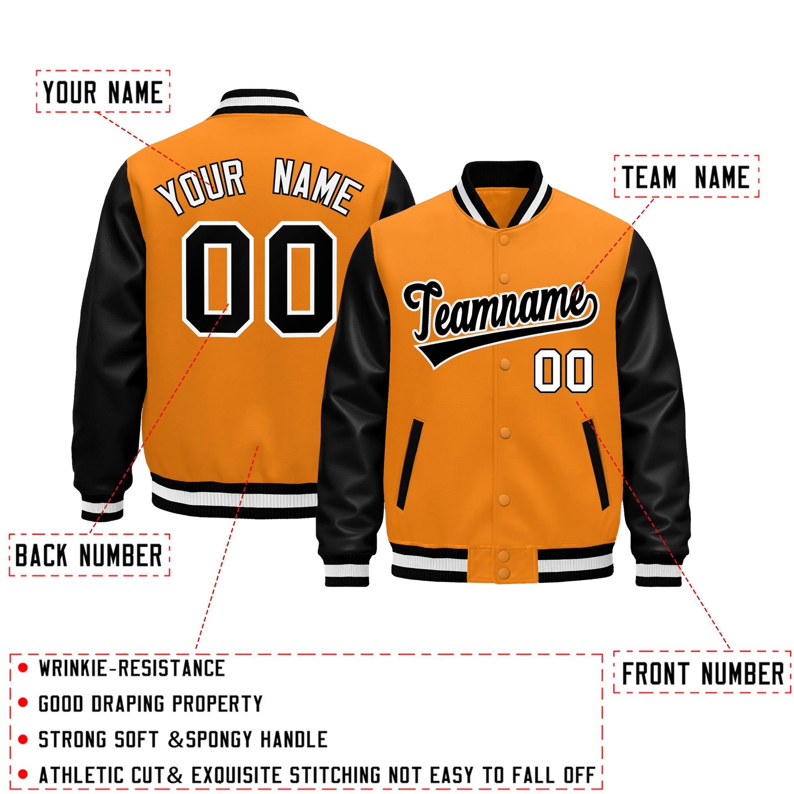 Custom Black Orange White Raglan Sleeves Varsity Full-Snap Leather Sleeves Letterman Jacket| KXKSHOP
