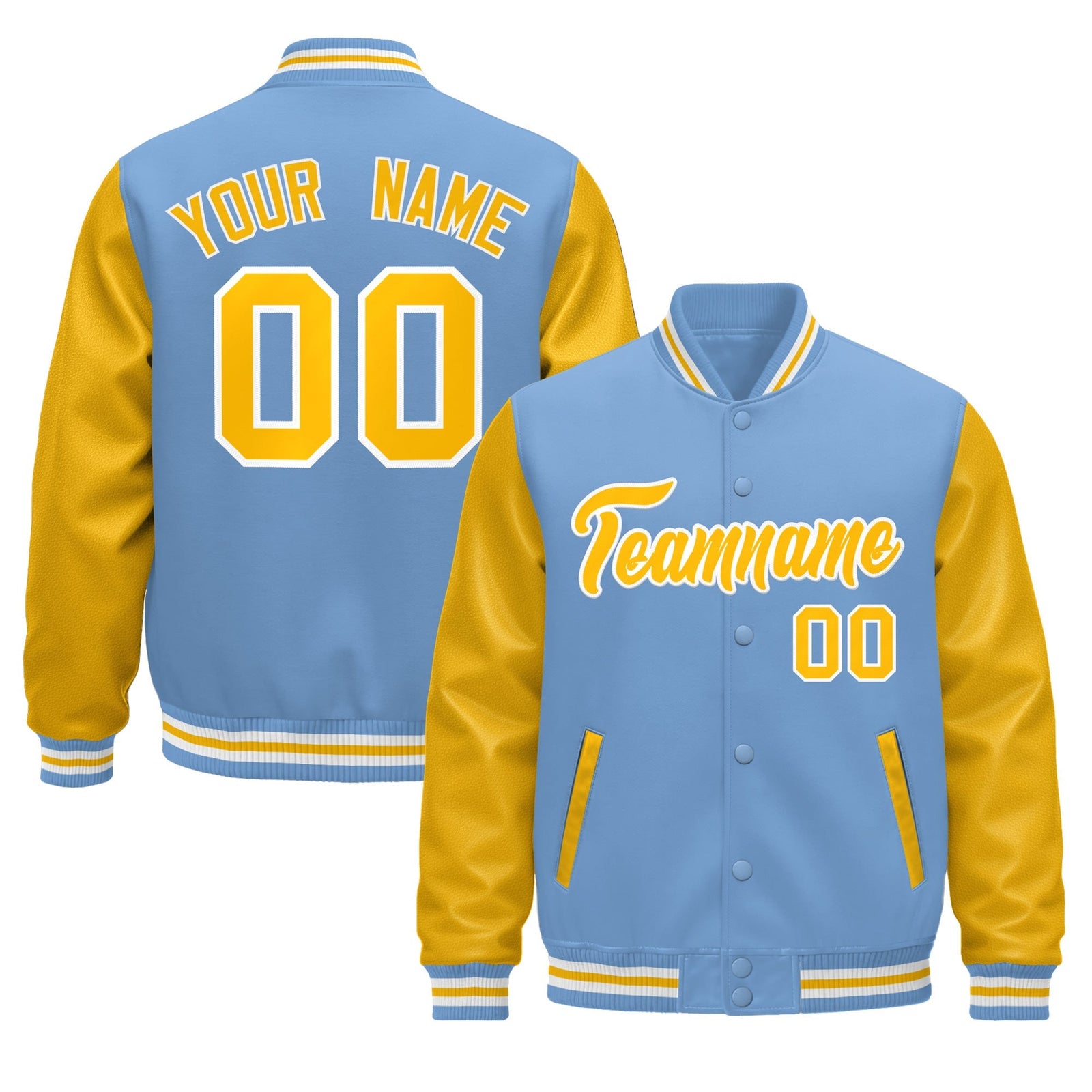 Custom Light Blue White Gold Raglan Sleeves Varsity Full-Snap Leather Sleeves Letterman Jacket| KXKSHOP