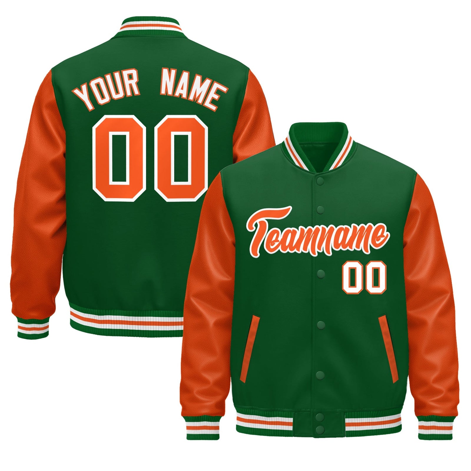 Custom Kelly Green White Orange Raglan Sleeves Varsity Full-Snap Leather Sleeves Letterman Jacket| KXKSHOP