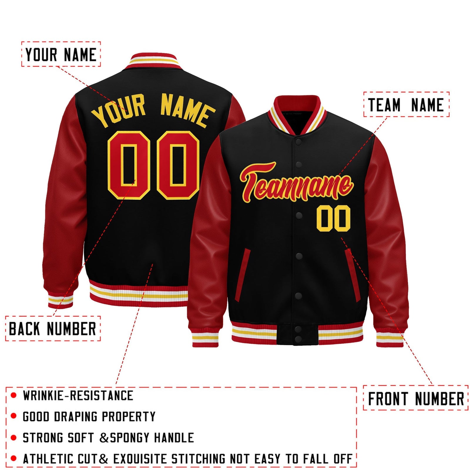 Custom Black Red White Gold Raglan Sleeves Varsity Full-Snap Leather Sleeves Letterman Jacket| KXKSHOP