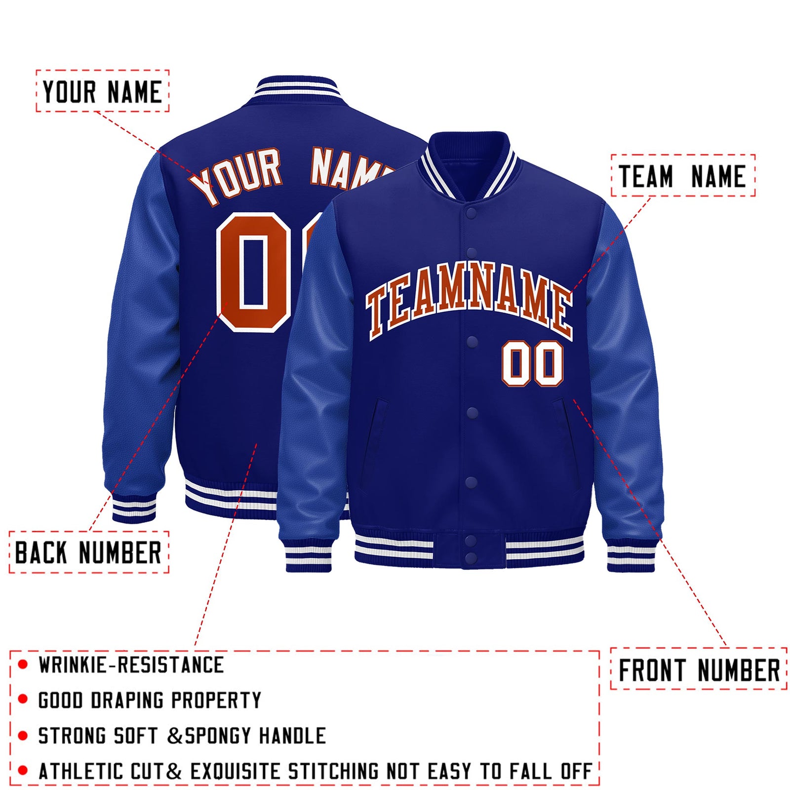 Custom Royal Blue White Classic Style Leather Sleeves Wrinkle-Resistant Jacket| KXKSHOP