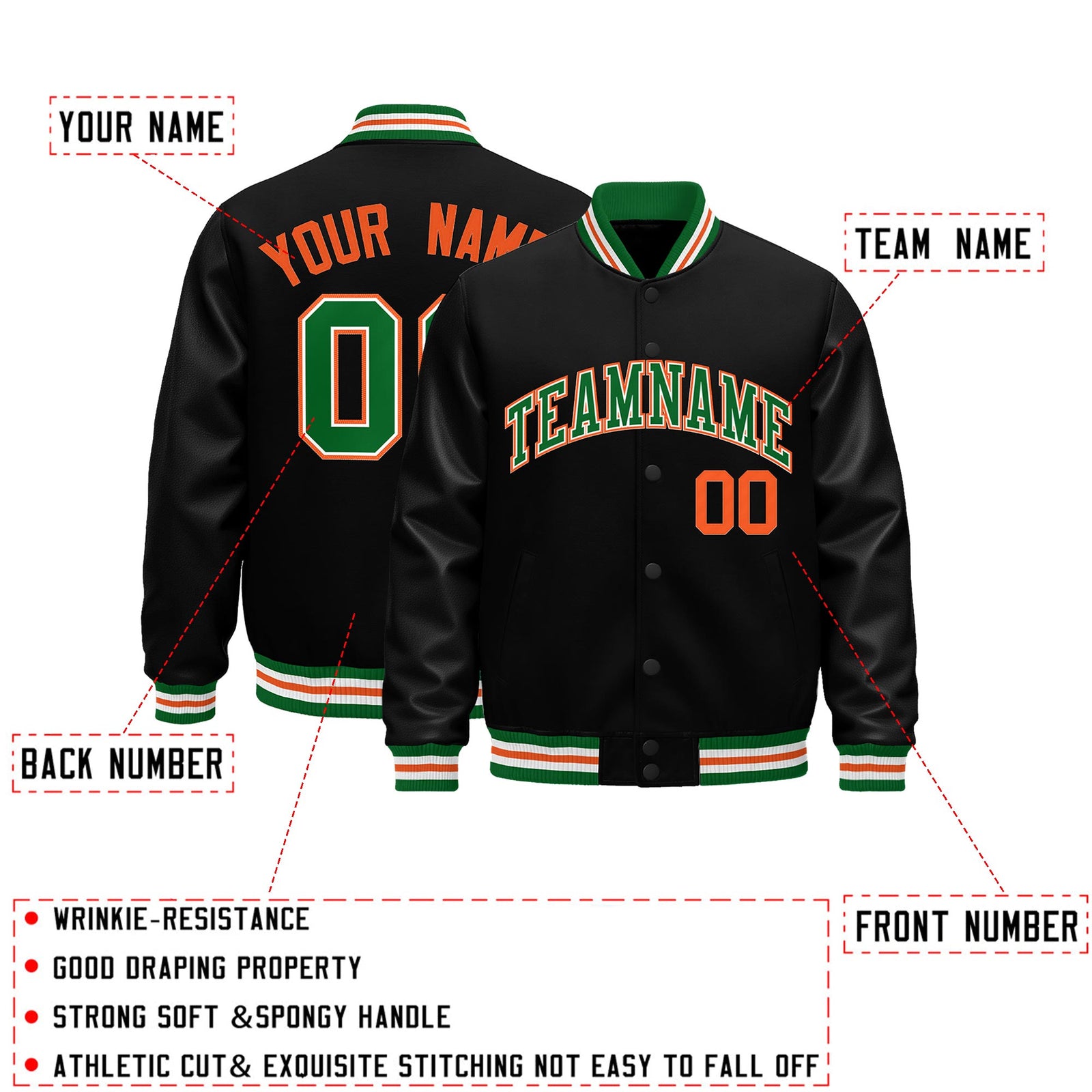 Custom Black Kelly Green White Classic Style Leather Sleeves Wrinkle-Resistant Jacket| KXKSHOP