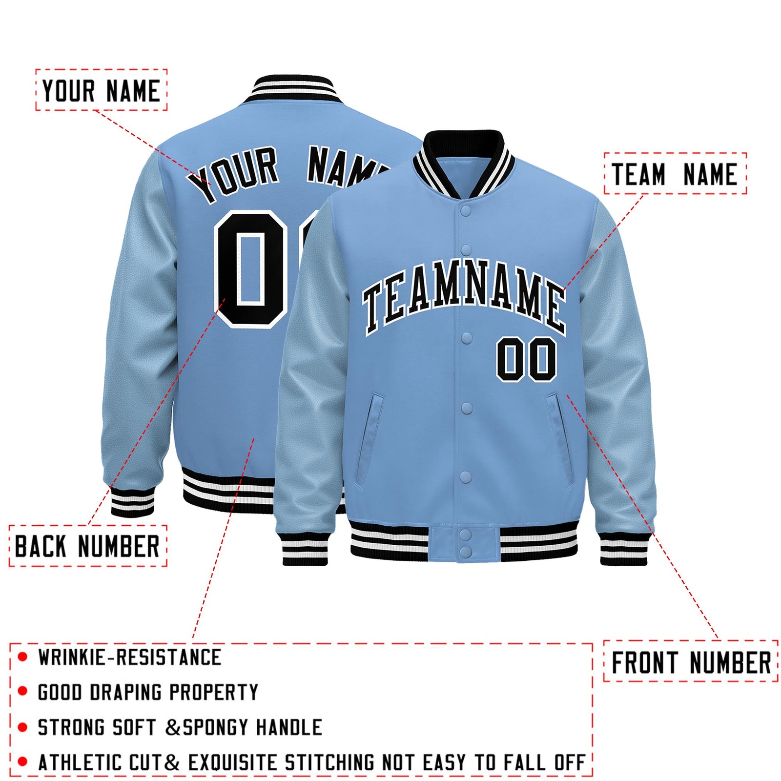 Custom Powder Blue Black White Classic Style Leather Sleeves Wrinkle-Resistant Jacket| KXKSHOP