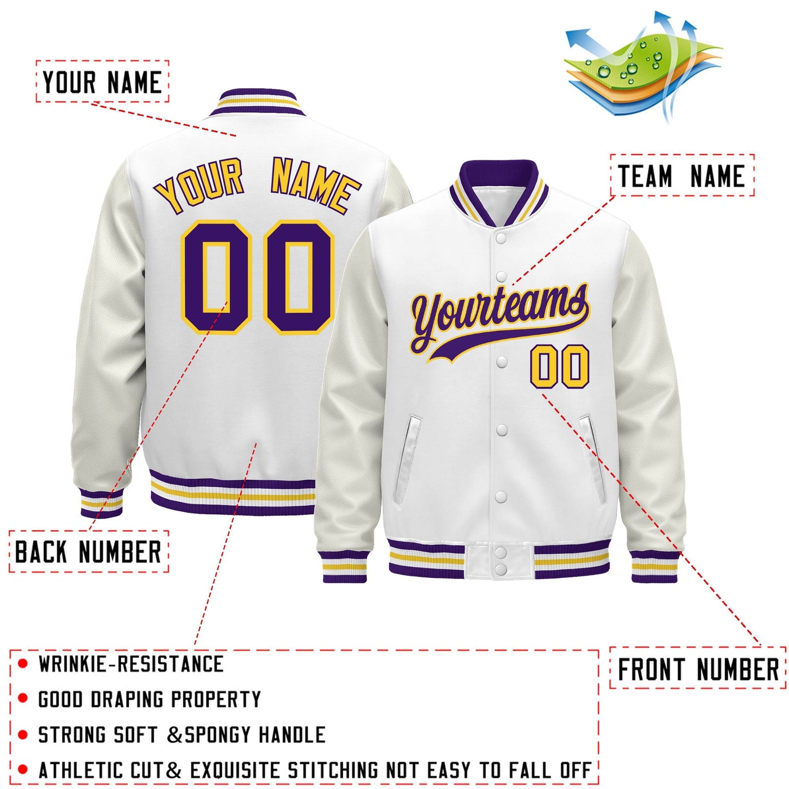 Custom White Purple Gold Classic Style Leather Sleeves Wrinkle-Resistant Jacket| KXKSHOP