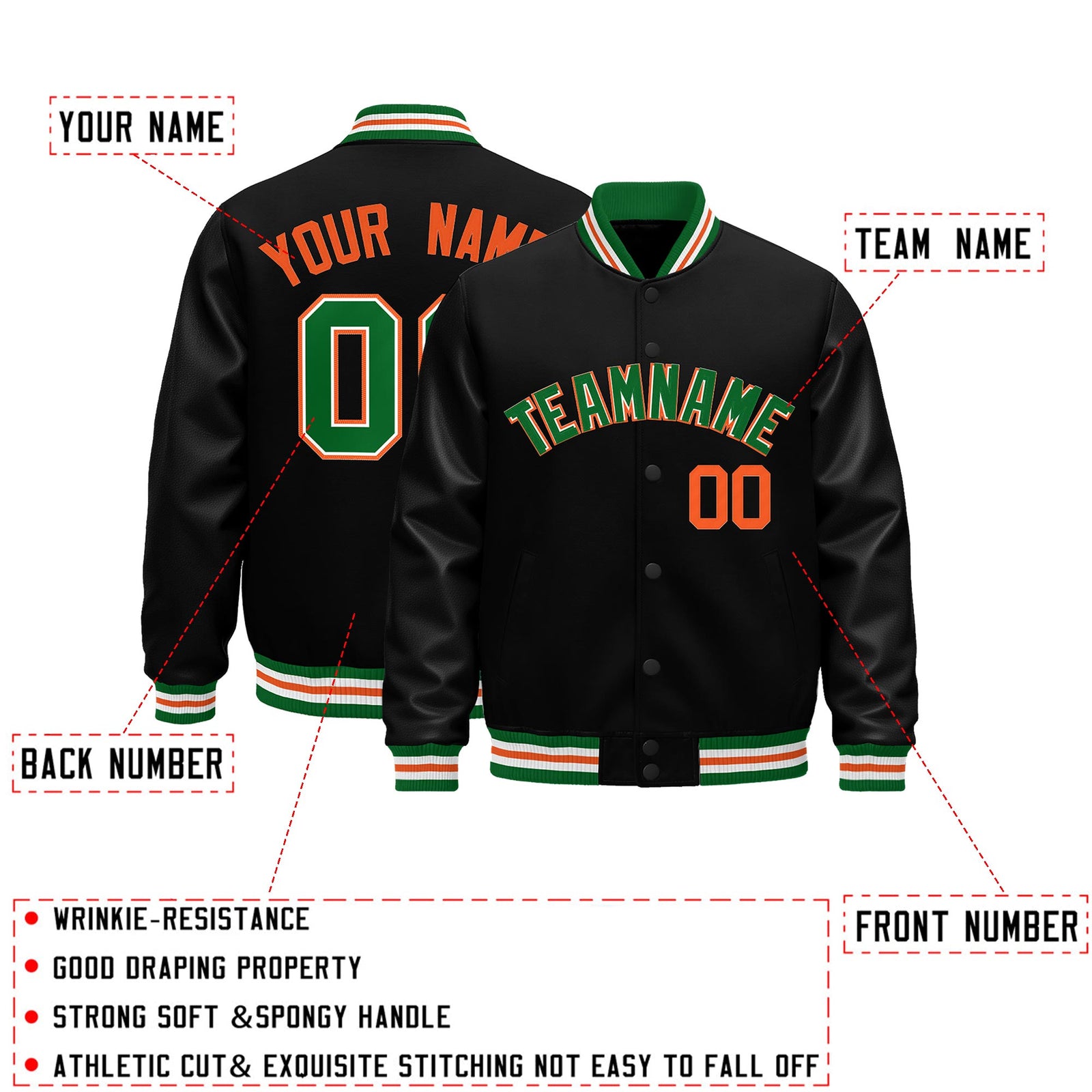 Custom Black Kelly Green White Classic Style Leather Sleeves Wrinkle-Resistant Jacket| KXKSHOP