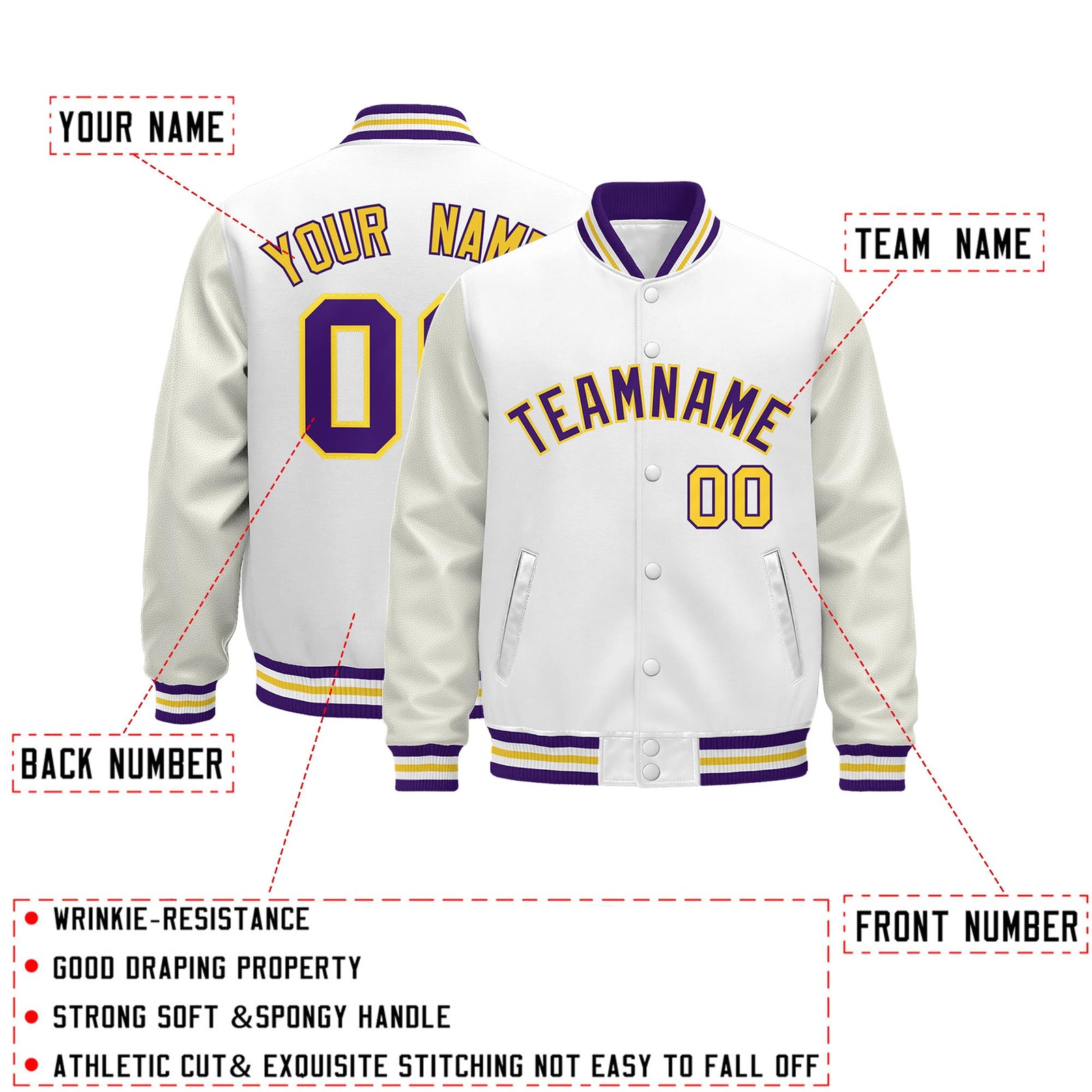 Custom White Purple Gold Classic Style Leather Sleeves Wrinkle-Resistant Jacket| KXKSHOP