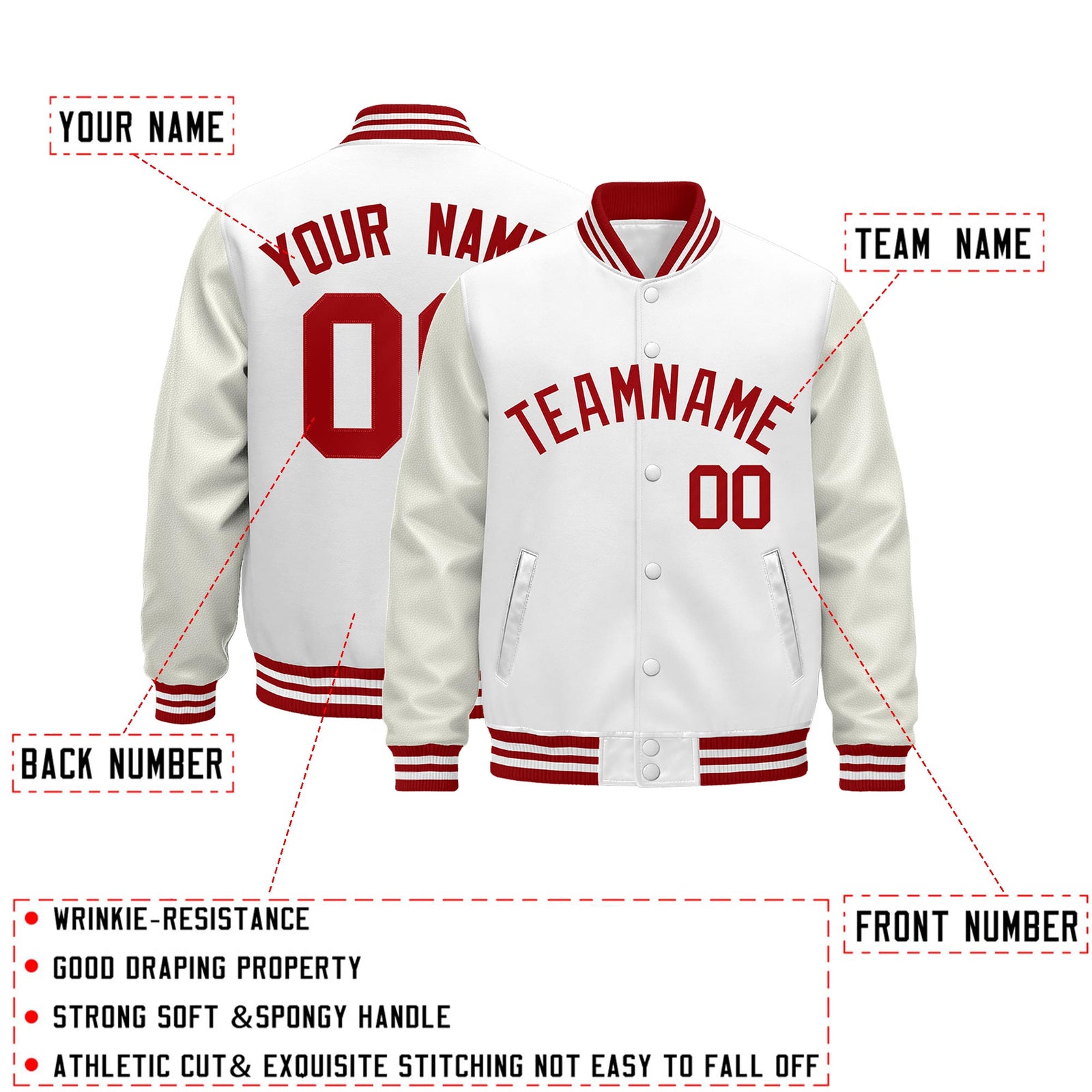 Custom White Red Classic Style Leather Sleeves Wrinkle-Resistant Jacket| KXKSHOP