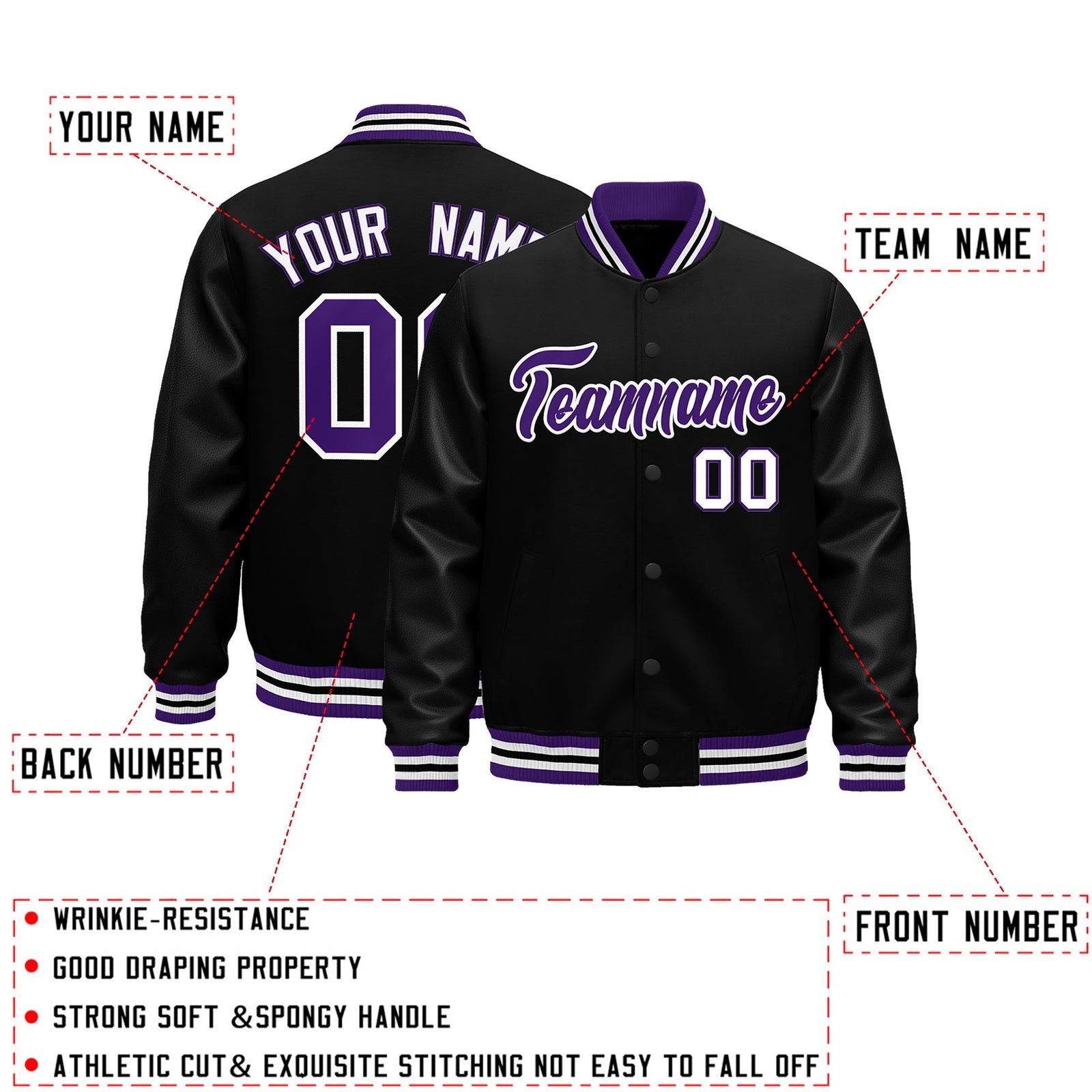 Custom Black Purple White Classic Style Leather Sleeves Wrinkle-Resistant Jacket| KXKSHOP
