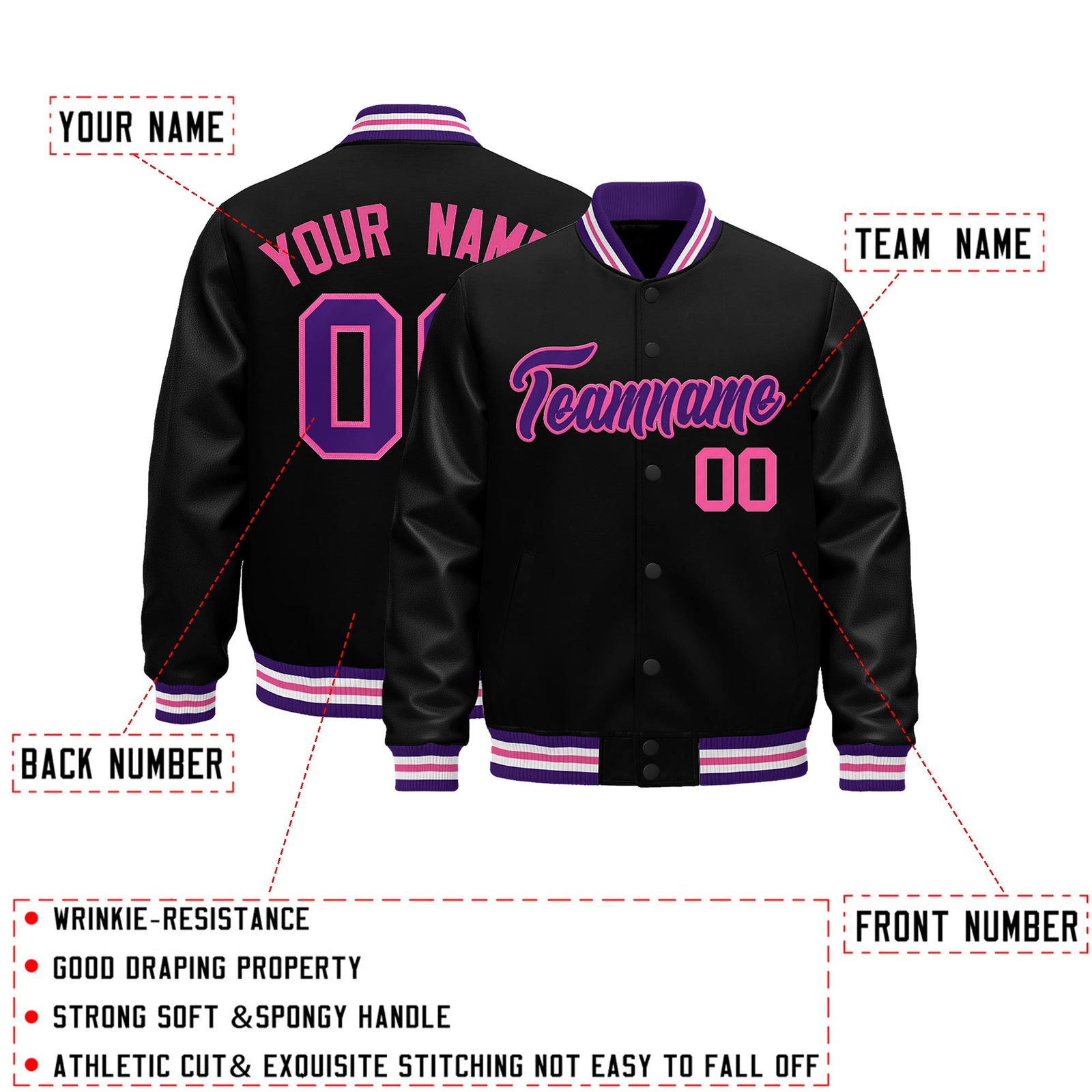 Custom Black Purple Pink Classic Style Leather Sleeves Wrinkle-Resistant Jacket| KXKSHOP